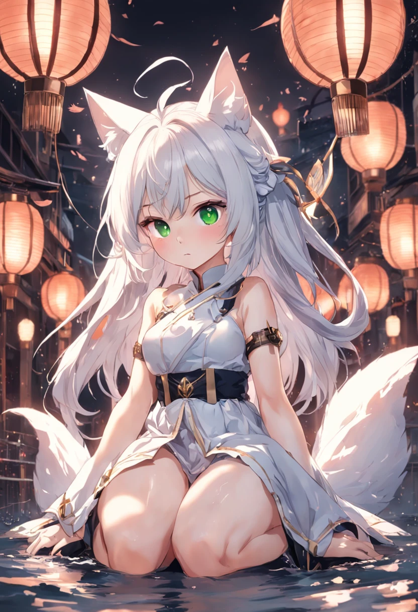 （white backgrounid：1.4），（tchibi：1.2）， tmasterpiece，Best quality， 独奏，（（Extremely delicate and beautiful girl）），（full bodyesbian：1.2），elvish ears，cat ear，hair adornments，Broken hair，short detailed hair，Light green eyes，small，white dresses，，（Ruffles），（White_upper legs），Hold the，Keep one's mouth shut， fanciful， （Surrounded by waves）， Nahida， Sexy big ass