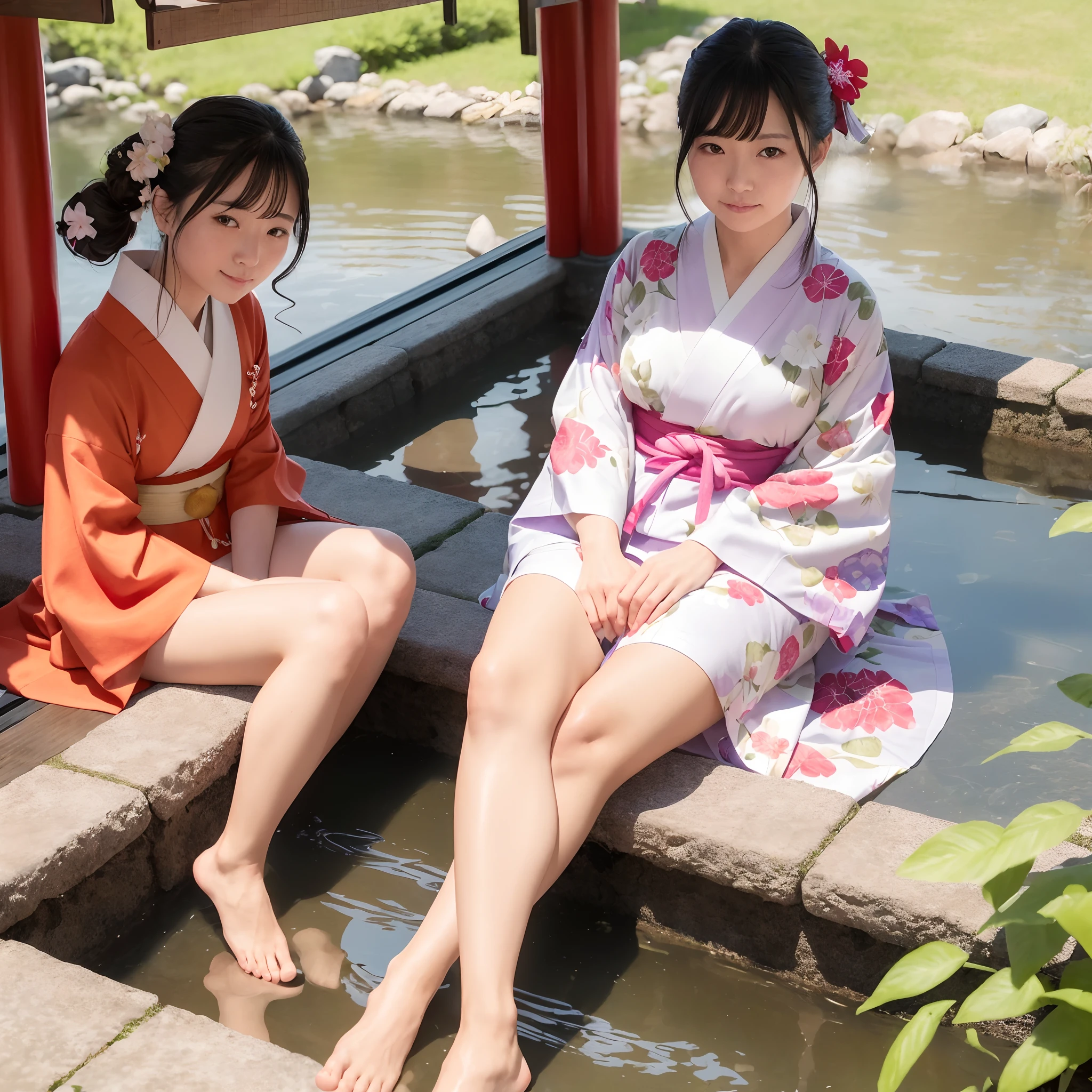 (in 8K、RAW Photos、top-quality、masterpiece:1.2)、(realisitic、Photorealsitic:1.37)、ultra-detailliert、超A high resolution、(((Sitting on the porch、Beautiful Japan woman playing comfortably with her feet on the water of the creek)))、A smile、woman wearing the kimono、classy yukata clothing、Wearing a colorful yukata、Wearing a kimono、japanese kimono、wearing a haori、Yukata with morning glory pattern、bare-legged、Bare legged、Ancient Minjia、mosquito coil、watermelons、shave ice、dynamic ungle、动态照明