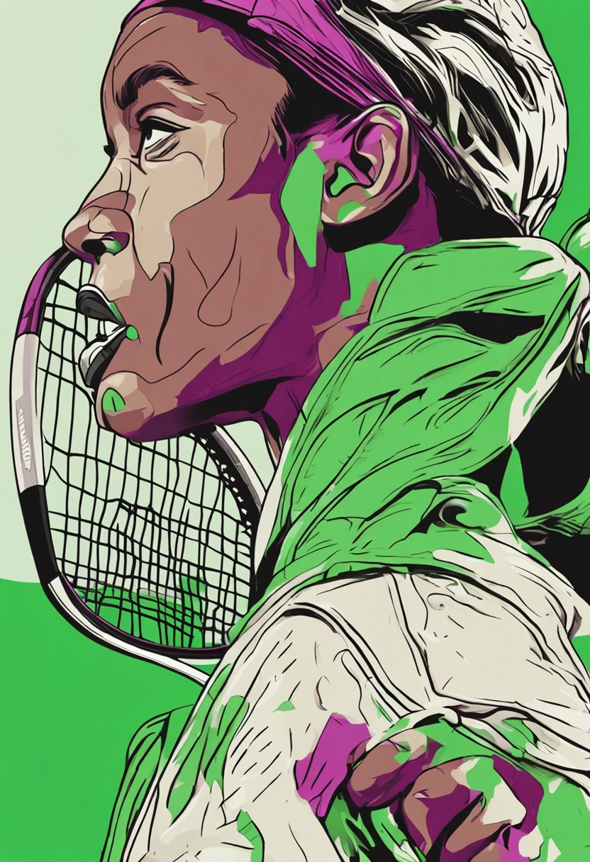 desenhe uma raquete de tenis com fundo  da imagem com jatos de tinta verde e roxo