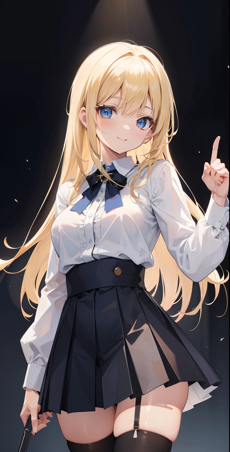 master piece, best quality, high definition, KR1, blue eyes, smile, fringe, white shirt, black skirt, Standing finger prick, pleated skirt, Stockings, Small breasts, blonde, cowboy shot,