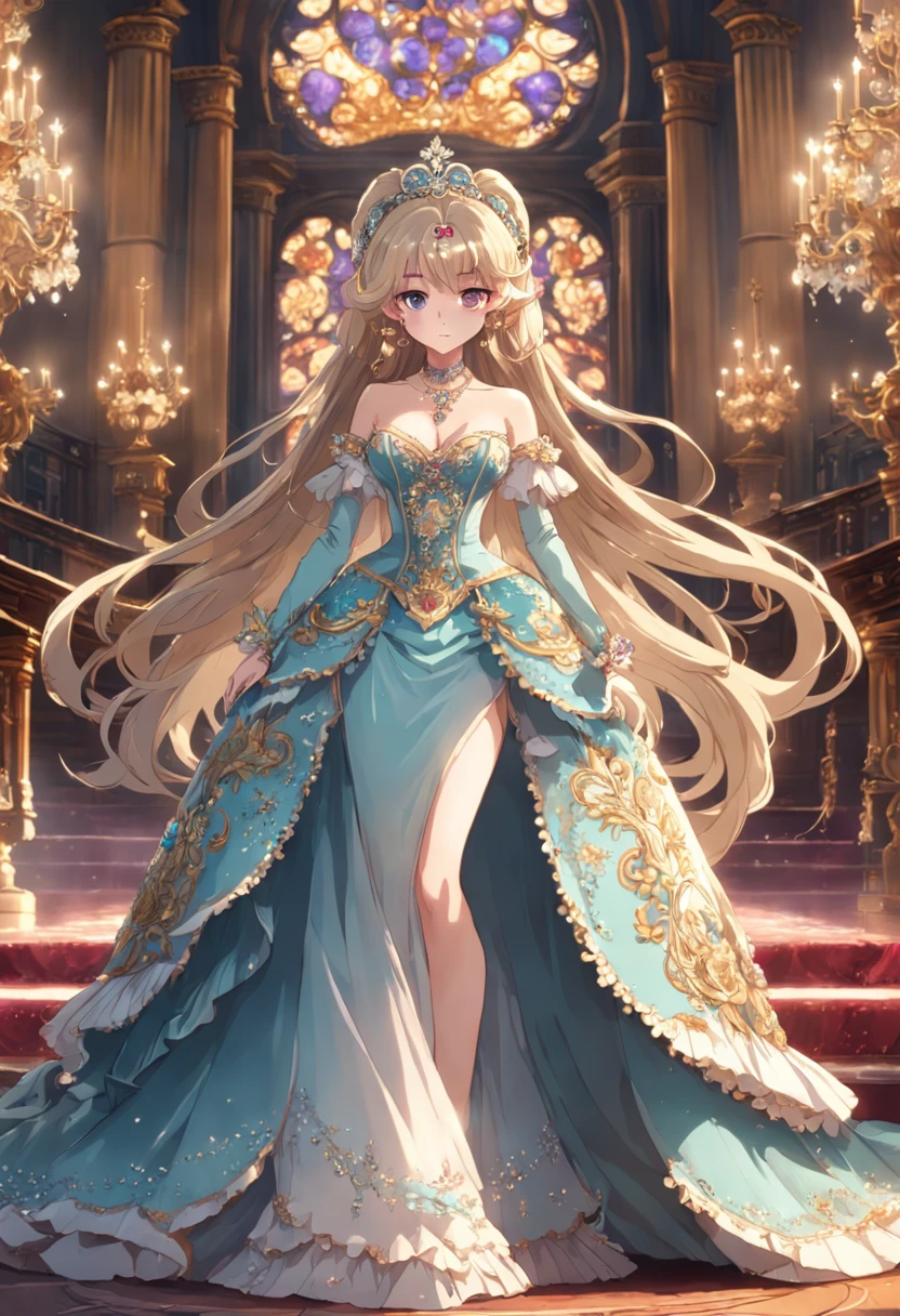 ((anime artstyle)),(Masterpiece),(Best Quality),(Super Detail),(Very Delicate and Beautiful),Solo,((full body,standing pose)),standing in the royal palace,((1 queen in jeweled gorgeous rococo ballgown with voluminous full length hoop skirt)),(crinoline),gorgeousfull embroidery,(gorgeous gemstone jewelry),(detailed face and eyes),jewel-like eyes,((large amount of straight hair,extremely Long voluminous Hair)),((gigantic tits,Long tits,skindentation)),gorgeousfull embroidery,cleavage,extremely gorgeousfull hair ornament,(bling-bling extremely gorgeousfull jeweled tiara),gorgeous corsage,(Dynamic Angle),Looking at viewer,((full body))