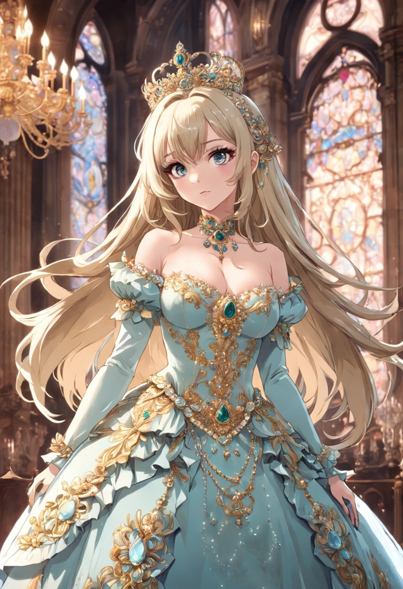 ((anime artstyle)),(Masterpiece),(Best Quality),(Super Detail),(Very Delicate and Beautiful),Solo,((full body,standing pose)),standing in the royal palace,((1 queen in jeweled gorgeous rococo ballgown with voluminous full length hoop skirt)),(crinoline),gorgeousfull embroidery,(gorgeous gemstone jewelry),(detailed face and eyes),jewel-like eyes,((large amount of straight hair,extremely Long voluminous Hair)),((gigantic tits,Long tits,skindentation)),gorgeousfull embroidery,cleavage,extremely gorgeousfull hair ornament,(bling-bling extremely gorgeousfull jeweled tiara),gorgeous corsage,(Dynamic Angle),Looking at viewer,((full body))
