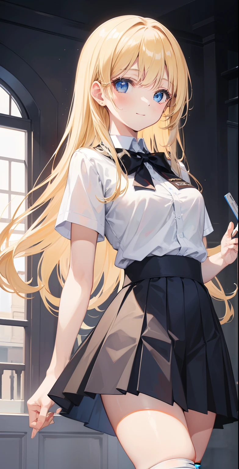 master piece, best quality, high definition, KR1, blue eyes, smile, fringe, white shirt, black skirt, finger prick standing, pleated skirt, stockings, big breasts, blond, cowboy shot, thick legs, thigh thick
