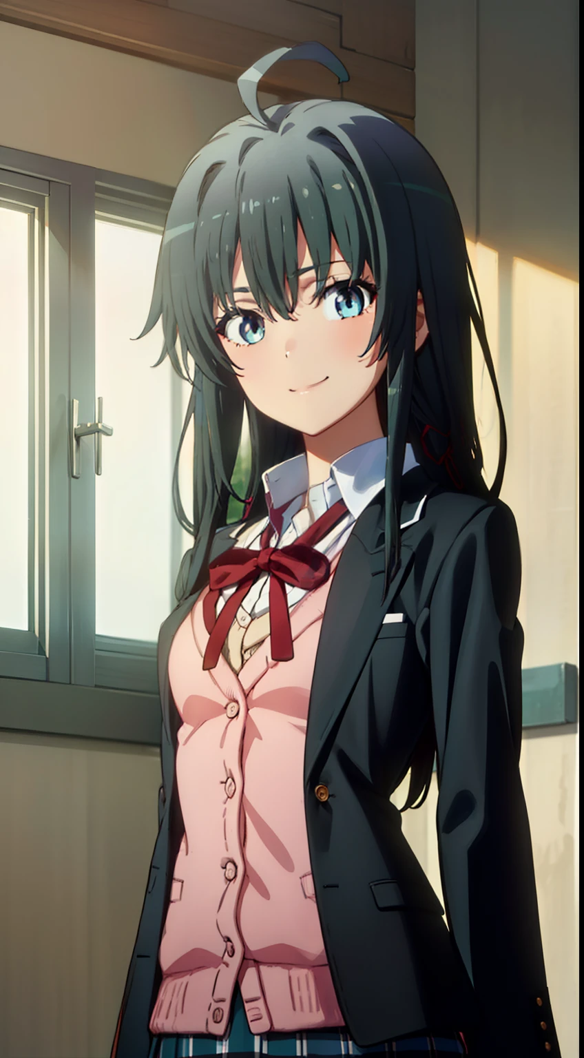 Yukinoshita Yukino, Yukinoshita Yukino, A dark-haired, blue eyess, The long-haired, Ahoge, (small tits:1.2),
Break the blazer、Cardigan、jaket、Plaid、plaid skirts、student clothes、skirt by the、sobu highschool uniform、、
in a house、
Blake is watching、BREAK(​masterpiece:1.2)、top-quality、hight resolution、Unified 8K wallpapers、(illustratio:0.8)、(beatiful detailed eyes:1.6)、extra detailed face、Perfect litthing、extremely details CG、(perfect hand、perfect anatomia)、A smile,yukinoshitaYukino