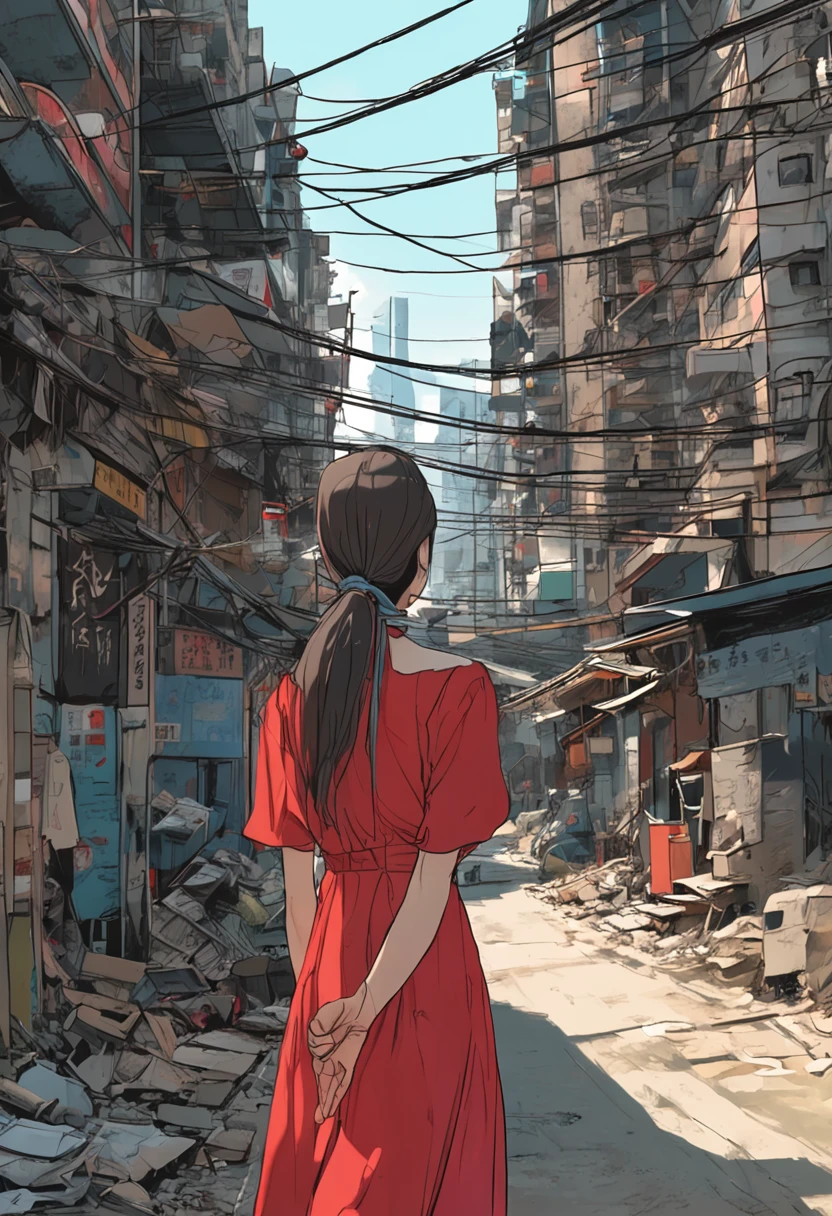 Kowloon City、Back alley、(Wet ground)、((Delicate depiction))、pipes、duct、electric wires、signboard、plein air,  blue open sky, shorth hair, One girl in a red dress、((a beauty girl))、天空, looking at the viewers, Moody lighting,