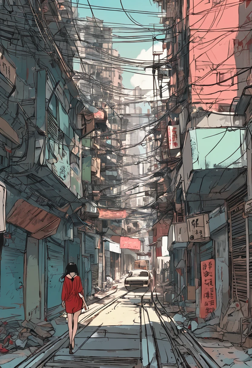 Kowloon City、Back alley、(Wet ground)、((Delicate depiction))、pipes、duct、electric wires、signboard、plein air, blue open sky, shorth hair, One girl in a red dress、((a beauty girl))、天空, looking at the viewers, Moody lighting,