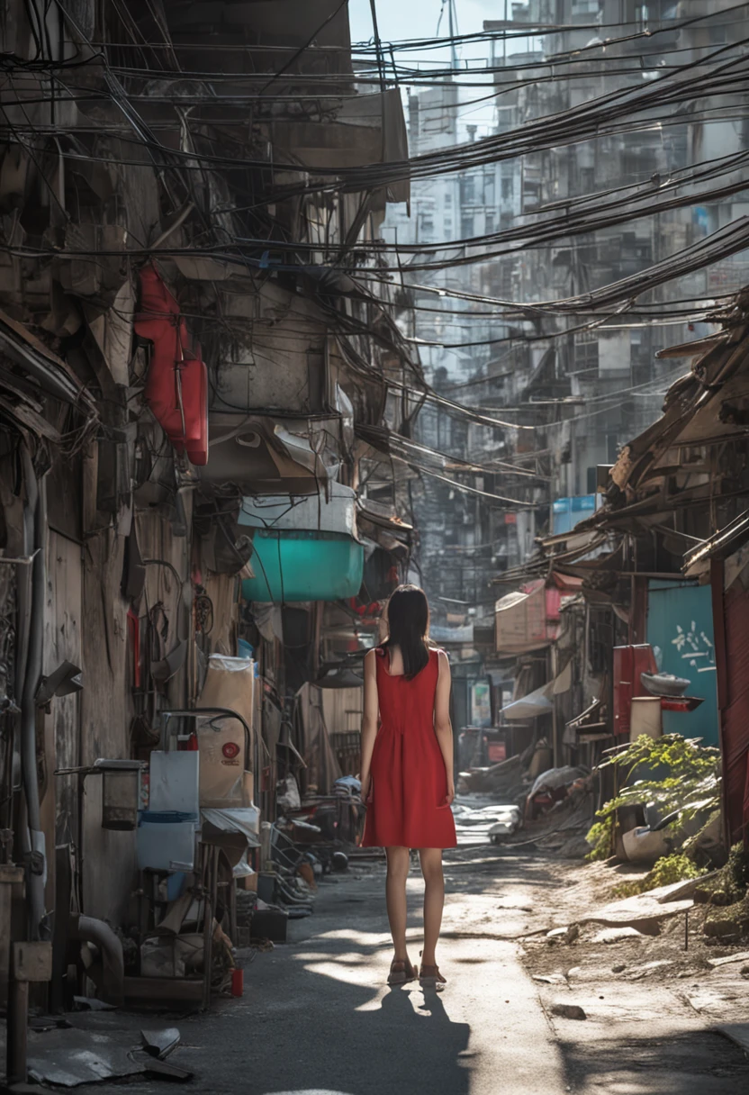 Kowloon City、Back alley、(Wet ground)、((Delicate depiction))、pipes、duct、electric wires、signboard、plein air, blue open sky, shorth hair, One girl in a red dress、((a beauty girl))、天空, looking at the viewers, Moody lighting,