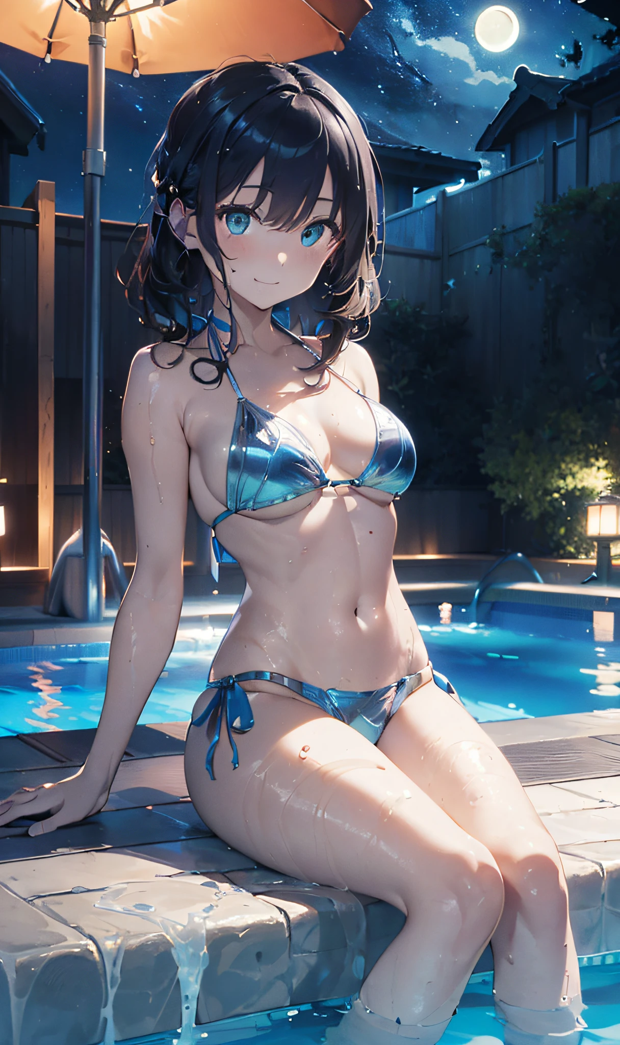 (Master masterpiece、The ultra -The high-definition、extremely fine and beautiful、Ultra-high power of 8 kilometers:2)、(Girl getting wet:1.4)、(Clarity Metallic Blue Bikini:2)、(Transparent skin:1.6)、(Long side tail hair:1.8)、(Beautiful eyes:1.8)、、(Nominal body type)、(Glamorous:1.4)、(musculature:1.4)、(Thin thighs:1.6）、(Thin leg:1.6)、(A smile)、perfectly proportions，Correct anatomy、Good anatomy、(Moon and Milky Way:1.4)、(Dynamic Angle:1.6)、(Dynamic Pose)、(Sit by the pool at night:1.4)、