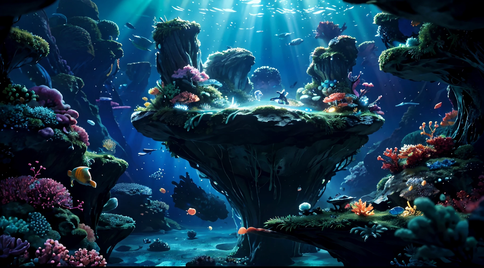 Deep sea background, Undersea scene, Underwater light,jelly fish,,Small fish, Sea of Dreams, Dynamic Angle, Break,Detailed,Realistic,4k highly detailed digital art,rendering by octane, Bio-luminescence, Get rid of 8K resolution concept art, Realism,by Mappa Studios,Masterpiece,Best quality,offcial art,illustration,清晰的线条,(Cool_Color),Perfectcomposition,absurderes, fantasy,Focused,Underwater world,Unreal 5