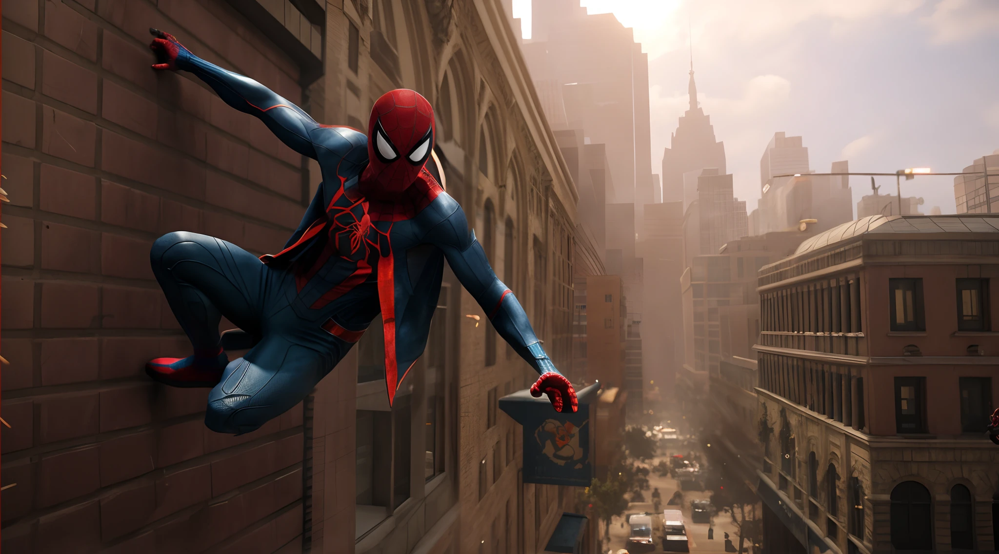 Spidey:Man hanging from a city building,Highly detailed spider-man portrait,PS4 game screenshots,Futuristic style,hyper realisitc,Crazy super detail,Beautiful cinematic lighting,inspired by Mary Jane Begin。