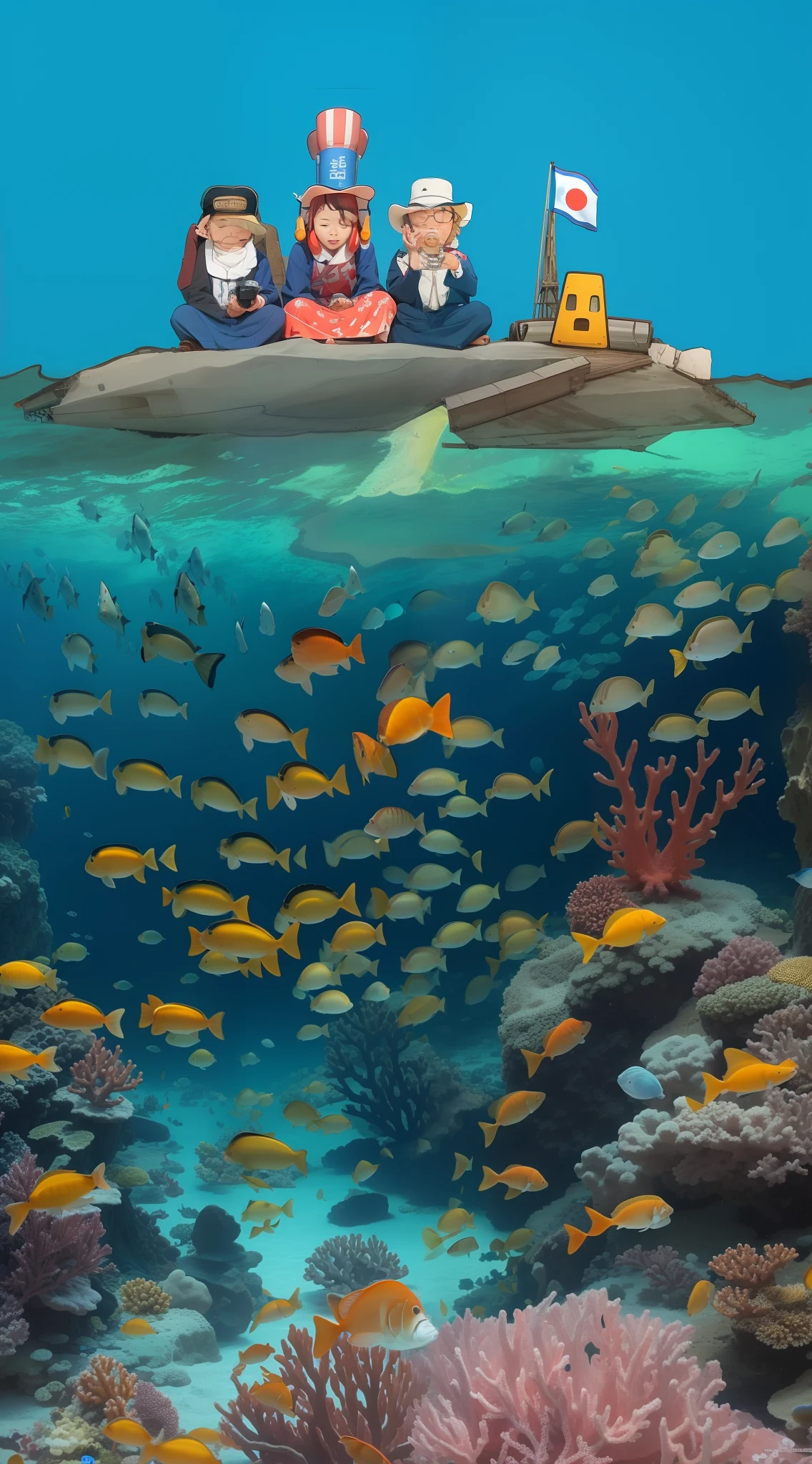 (1 Korean、1 Americans,1 Japanese sitting on 1 small island),(Nuclear power plants discharge sewage into the sea),(Beautiful corals and colorful fish)