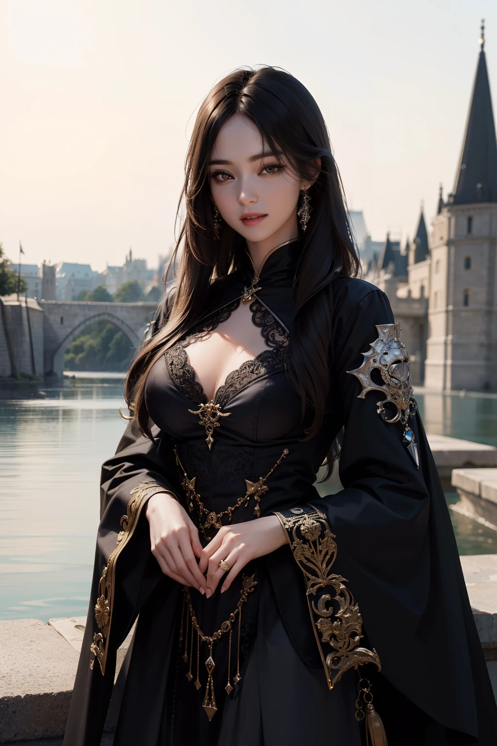 ((top-quality、​masterpiece、photographrealistic:1.4、8K))、1 beautiful detailed girl、extremely detailed eye and face、beatiful detailed eyes、（Princess of the demon world in a fantasy style black dress）、Luxury Accessories、Elegant smile、（Walking outside、An eerie stone statue and a castle in the background）、Beautiful lighting、Textured skin、Super Detail、high detailing、High quality、hight resolution、（looking at the viewers）、demon realm