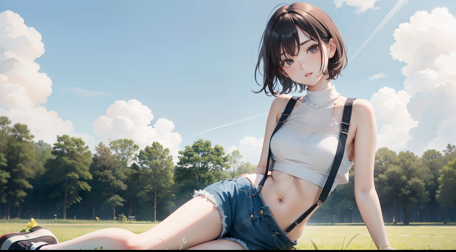 one-girl，pretty  face，Short flowing hair，Delicate skin，Crop topping，Suspender short top，Ultra shorts，Legs，Sit on your side on the ground，Skysky