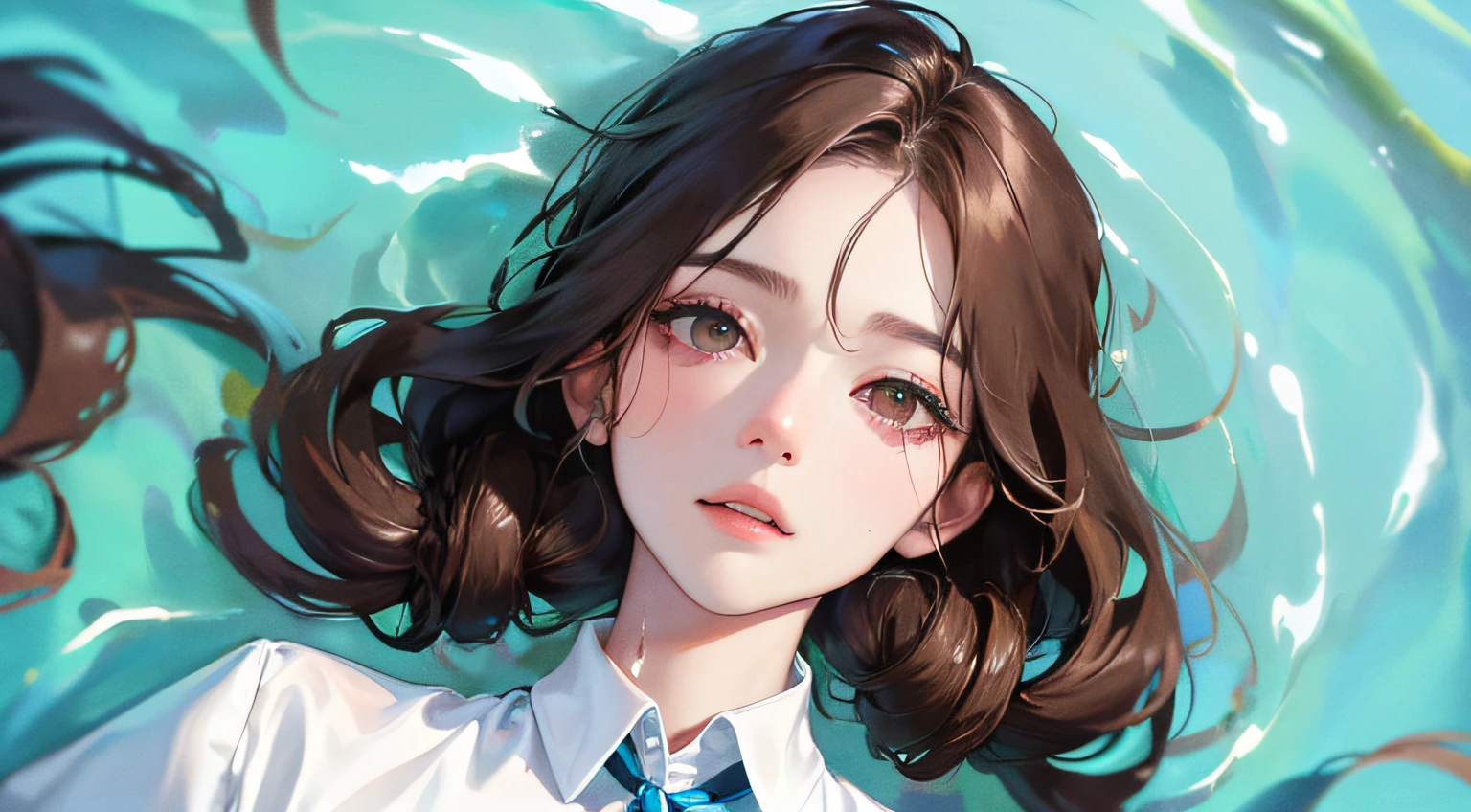 (((1人の女性)))、(Top resolution、Distinct_image) best qualtiy、masterpiece、Get into the pool up to your neck、ighly detailed、Semi-realistic、Wet brown hair、submersion、Braided hairstyle、deadpan、bangss、21 years old、Mature、年轻、white shirt、delicated facial features、Facial features、mid-shot