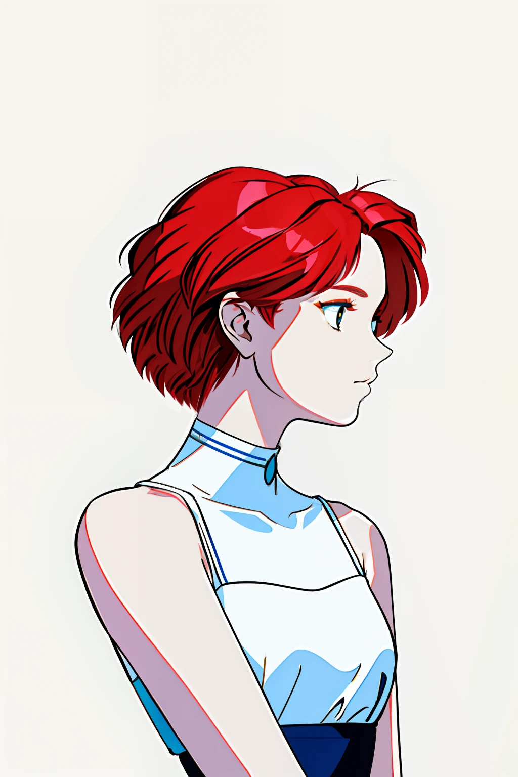 a 1girl, body complet, very detail, a lot of details, very extremely beautiful, ((tmasterpiece, minimalism)), (Short Hair Hair, red hair, blue bow), Very white skin, looking at away