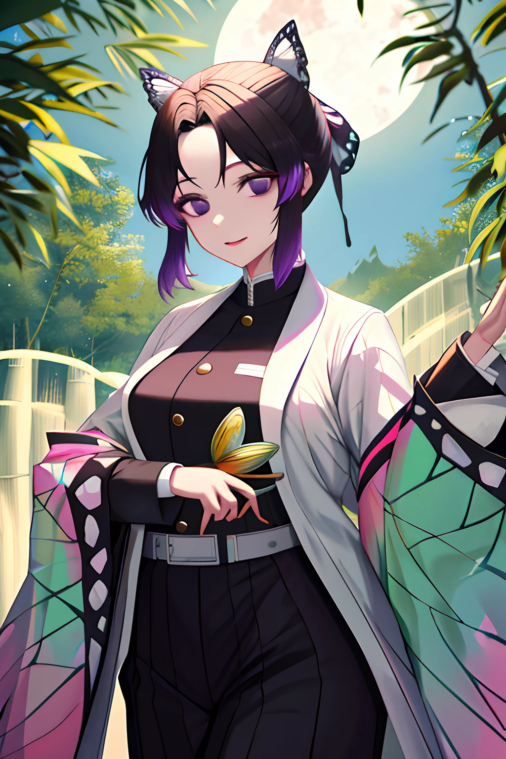 Master parts, best qualityer, highr, 1girll, in bamboo forest,In the background is a huge bright moon, Kochou Shinobu, Butterfly hair ornaments, Purple eyes, multicolored hair, Short hair, Separate strip, haori, longer sleeves, Black pantsuit, Black jacket, belt, Cowboy shot,The character faces the camera,Frontal photo,Wearing sunglasses