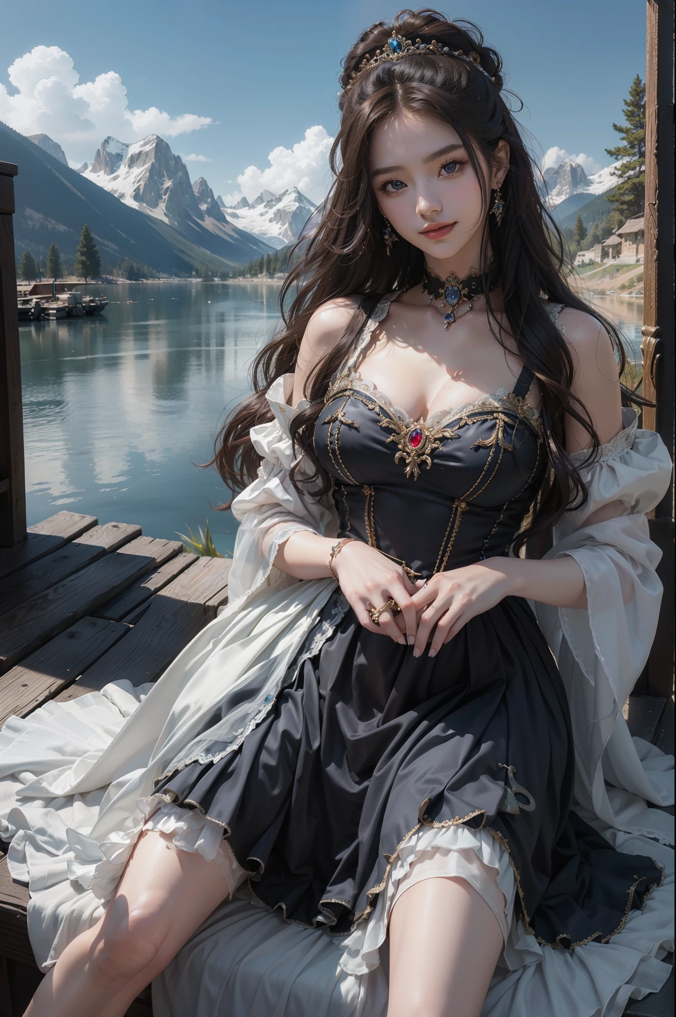 ((top-quality、​masterpiece、photographrealistic:1.4、in 8K))、Beautuful Women、18year old、beautiful countenance、extremely detailed eye and face、beatiful detailed eyes、（Luxury dresses in the style of medieval Europe、Princess）、Luxury accessories、（Mysterious lake and mountains in the background）、Cinematic lighting、Textured skin、Super Detail、high detailing、High quality、hight resolution、looking at viewer、Elegant smile、full body、europian