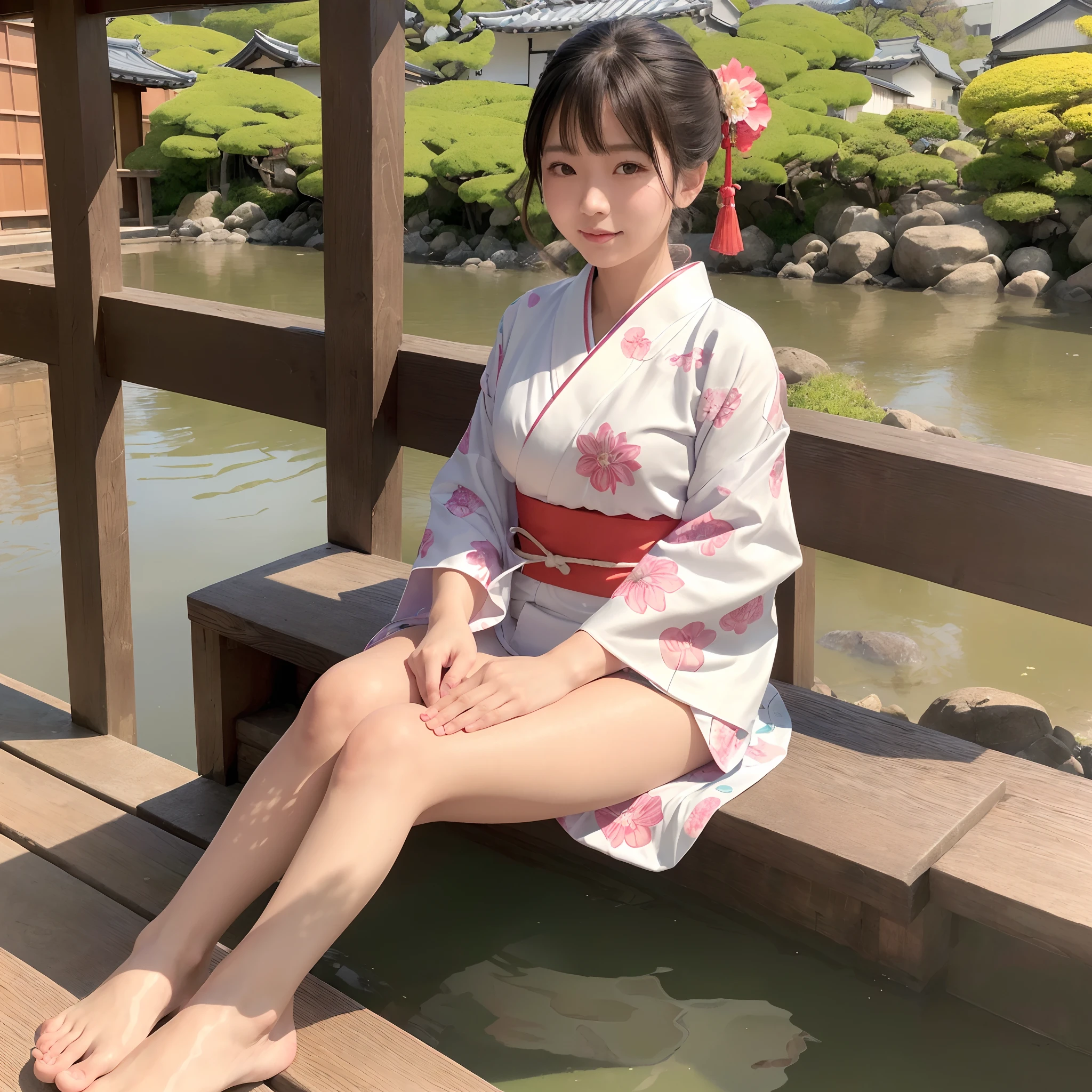 (in 8K、RAW Photos、top-quality、​masterpiece:1.2)、(realisitic、Photorealsitic:1.37)、ultra-detailliert、超A high resolution、(((Sitting on the porch、Beautiful Japan woman playing comfortably with her feet on the water of the creek)))、A smile、woman wearing the kimono、classy yukata clothing、Wearing a colorful yukata、Wearing a kimono、japanese kimono、wearing a haori、Yukata with morning glory pattern、bare-legged、Bare legged、Ancient Minjia、mosquito coil、watermelons、shave ice、dynamic ungle、动态照明