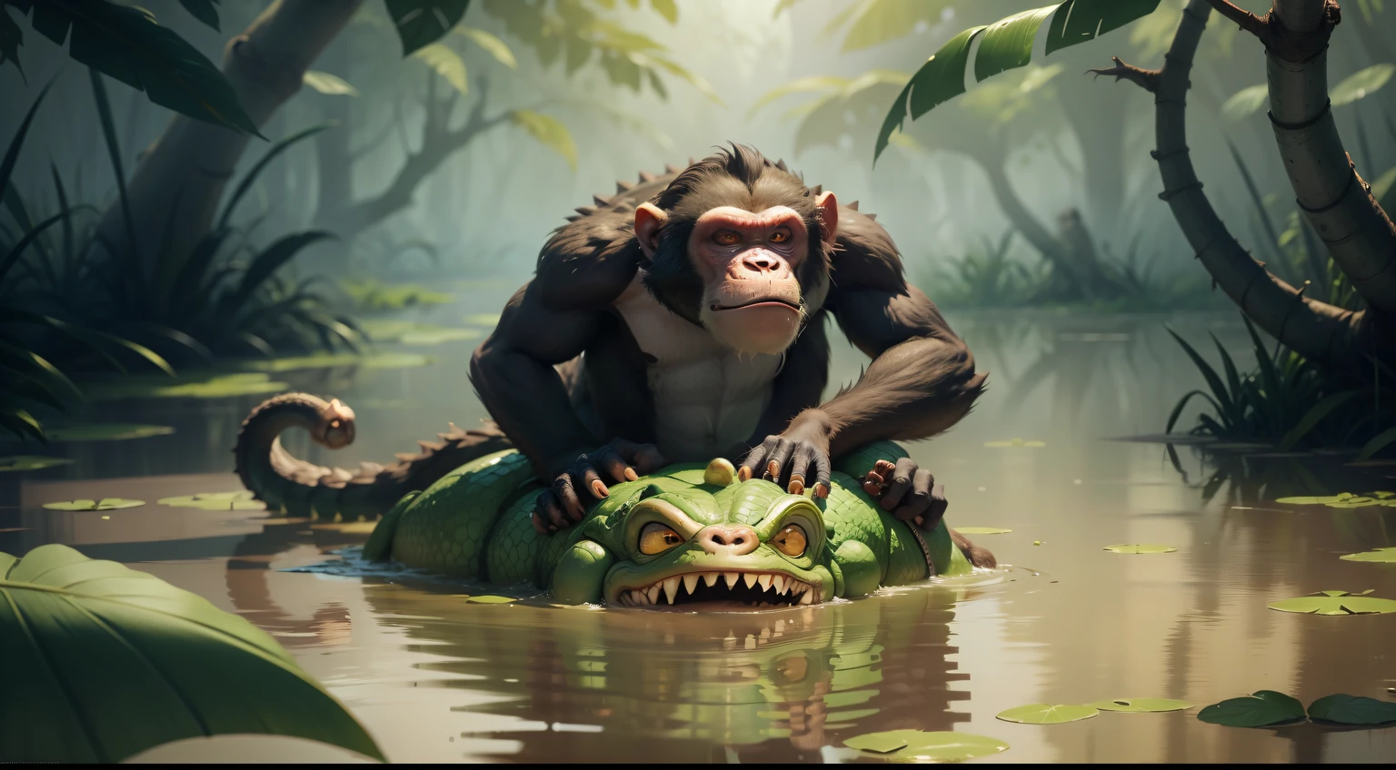 A monkey raised by alligators in the swamp, alligator , menino , alligator , menino , Cartoon