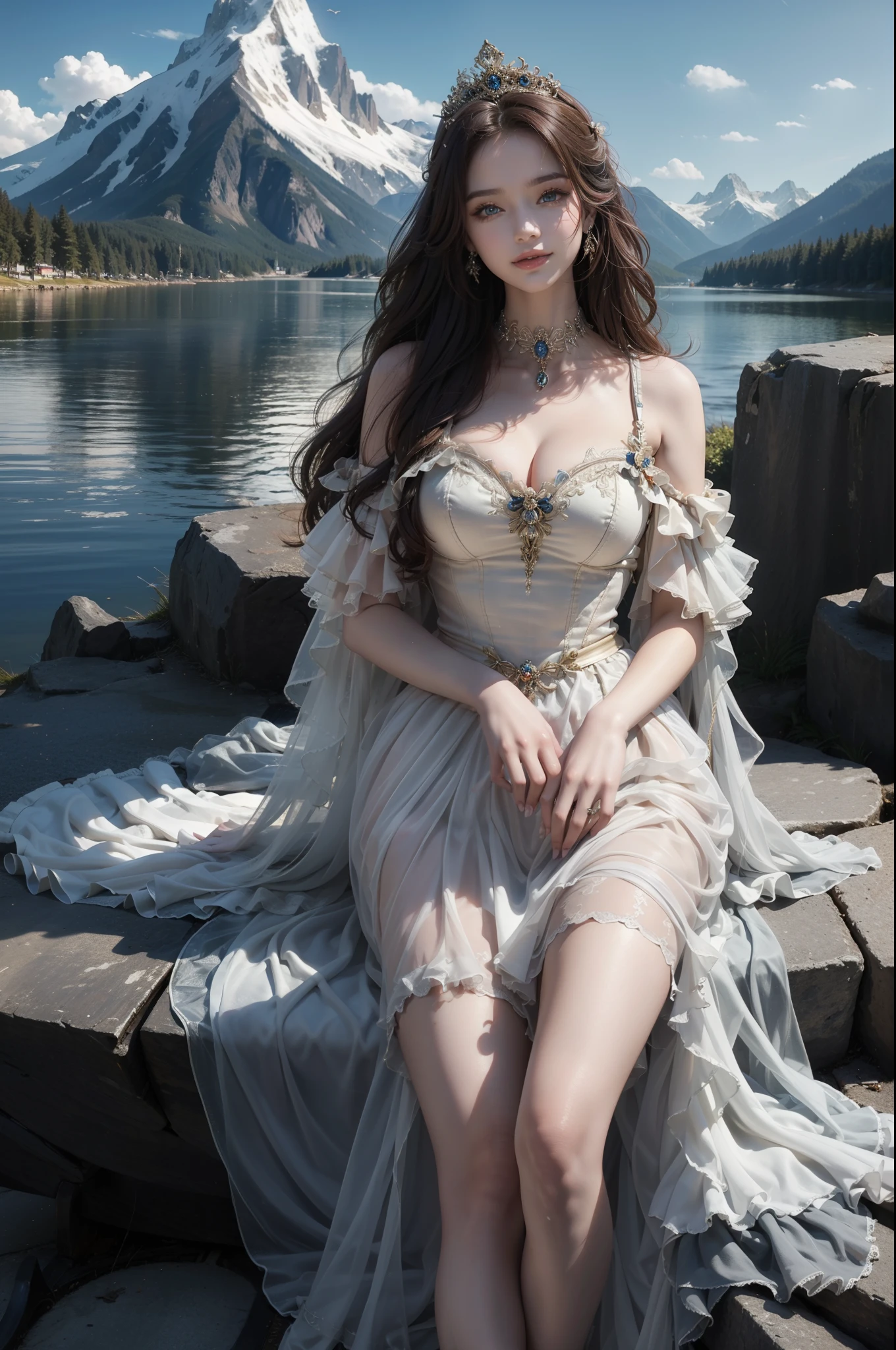 ((top-quality、​masterpiece、photographrealistic:1.4、in 8K))、Beautuful Women、18year old、beautiful countenance、extremely detailed eye and face、beatiful detailed eyes、（Luxury dresses in the style of medieval Europe、Princess）、Luxury accessories、（Mysterious lake and mountains in the background）、Cinematic lighting、Textured skin、Super Detail、high detailing、High quality、hight resolution、looking at viewer、Elegant smile、full body、europian