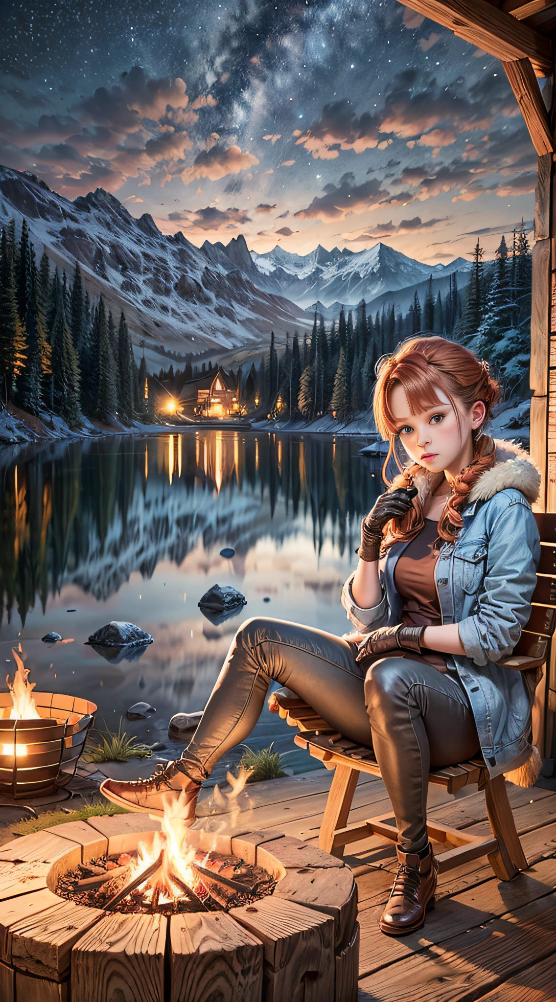 Best Quality, Masterpiece, 1girl, 21 years old, ginger hair tied back, casual outfit, thick gloves, sitting on a chair on the campfire, late evening, lake, beautiful mountain and stars range in the background