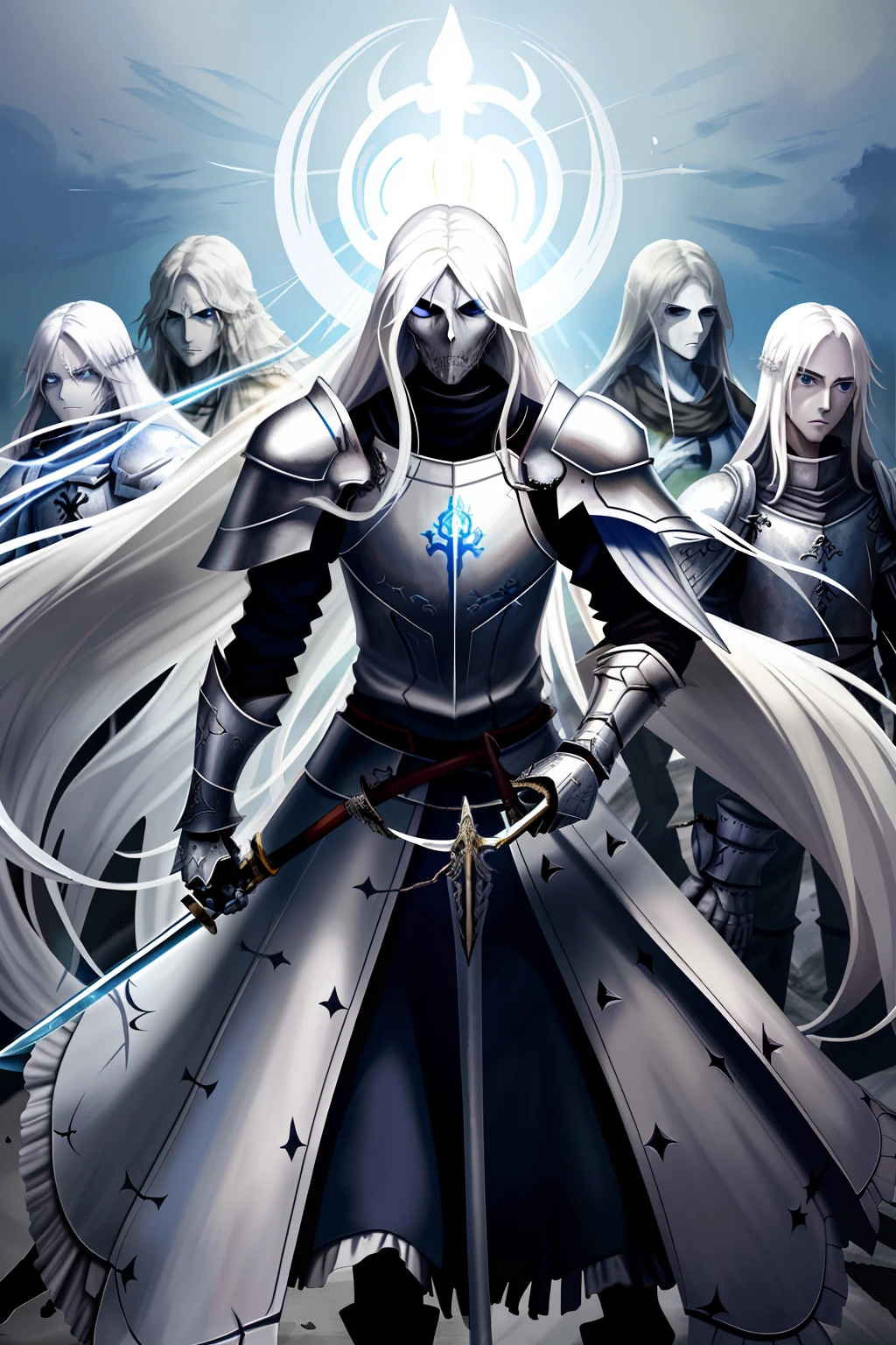 1man,long white hair,Wearing armor,Swing the sword with despair,The deceased is armor,deathia,Undead,The sword glows blue light,The armor is wrapped in ghosts