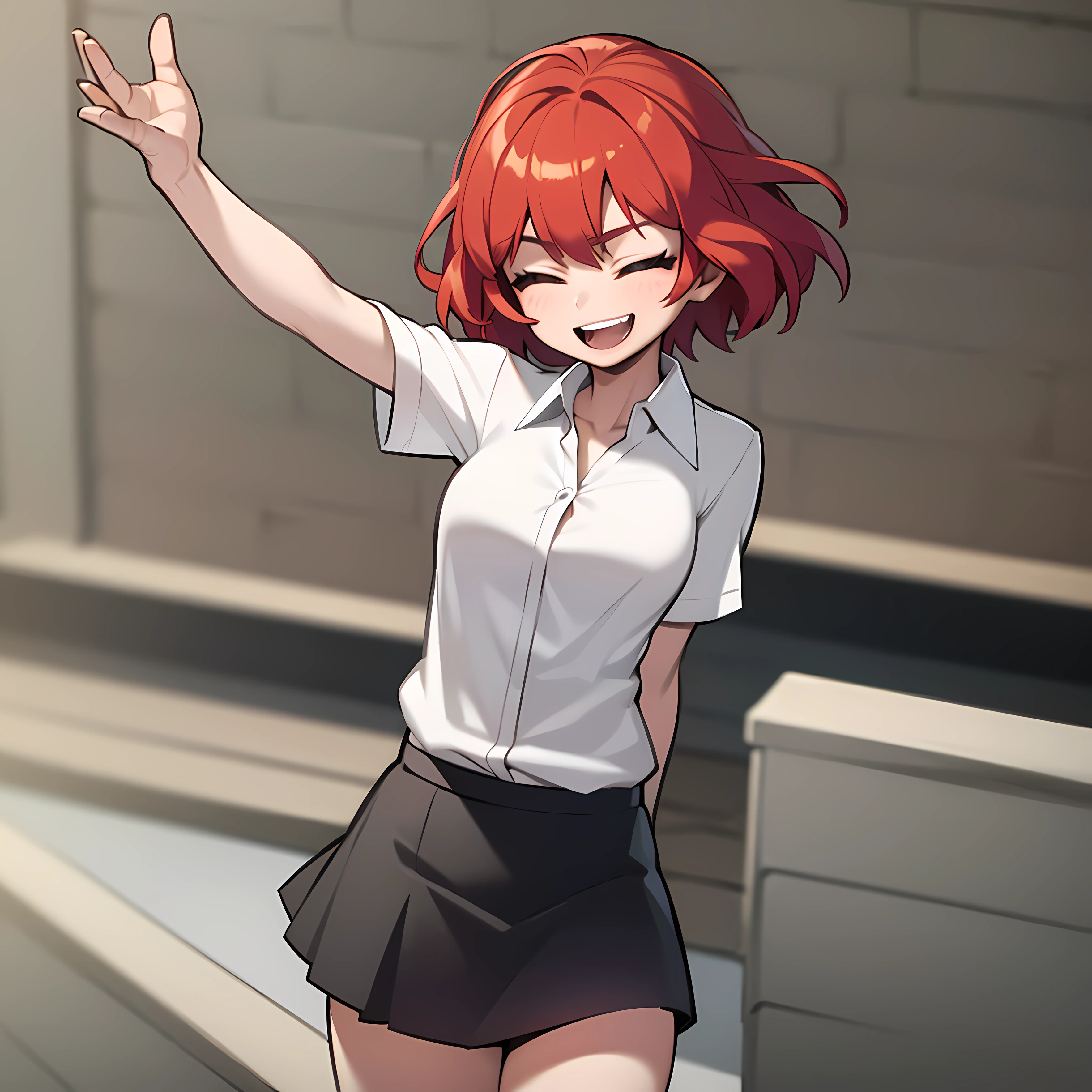 ((masterpiece, best quality)), (1girl), (solo), (female focus), (red hair hair, short hair), smile, closed eyes, open mouth, cute, ((white shirt), (buttoned shirt), (button gap)), ((black skirt), (short skirt)), standing, white background, arms behind back, dynamic angle,