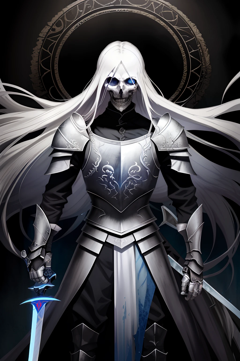 1man，long  white hair，Wearing armor，Swing the sword with despair，The deceased is armor，deathia，Undead，The sword glows blue light，The armor is wrapped in ghosts