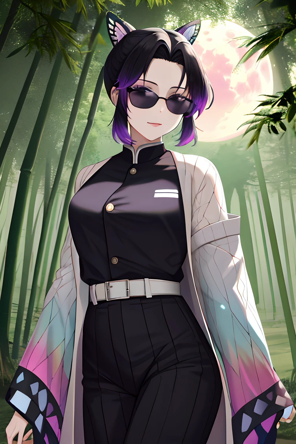 Master parts, best qualityer, highr, 1girll, in bamboo forest,In the background is a huge bright moon, Kochou Shinobu, Butterfly hair ornaments, Purple eyes, multicolored hair, Short hair, Separate strip, haori, longer sleeves, Black pantsuit, Black jacket, belt, Cowboy shot,The character faces the camera,Frontal photo,Wearing sunglasses