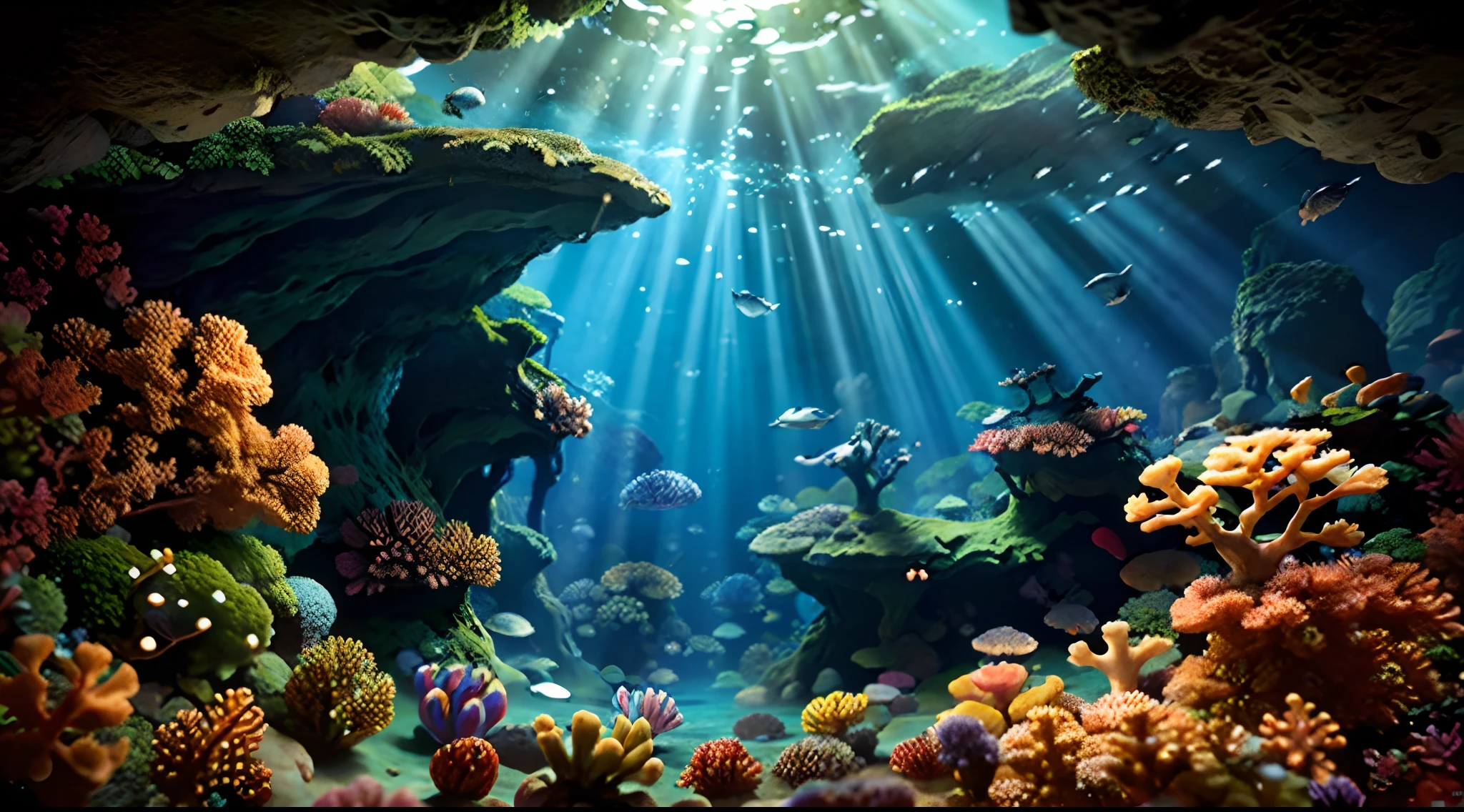 (Masterpiece, Best quality:1.2), (No Man, cliff, Under water, Perspective, From below:1.5), 8K, absurderes, Beautiful coral reef, rock formations, Lots of very small fish, Cute dolphins, light leaks, Depth of field, Stunning scenery, color difference, Dynamic lighting, with dramatic lighting, hdr, Photorealistic, A high resolution, The ultra-detailliert, exquisitedetails, Extremely detailed, shadowy, Sharp focus