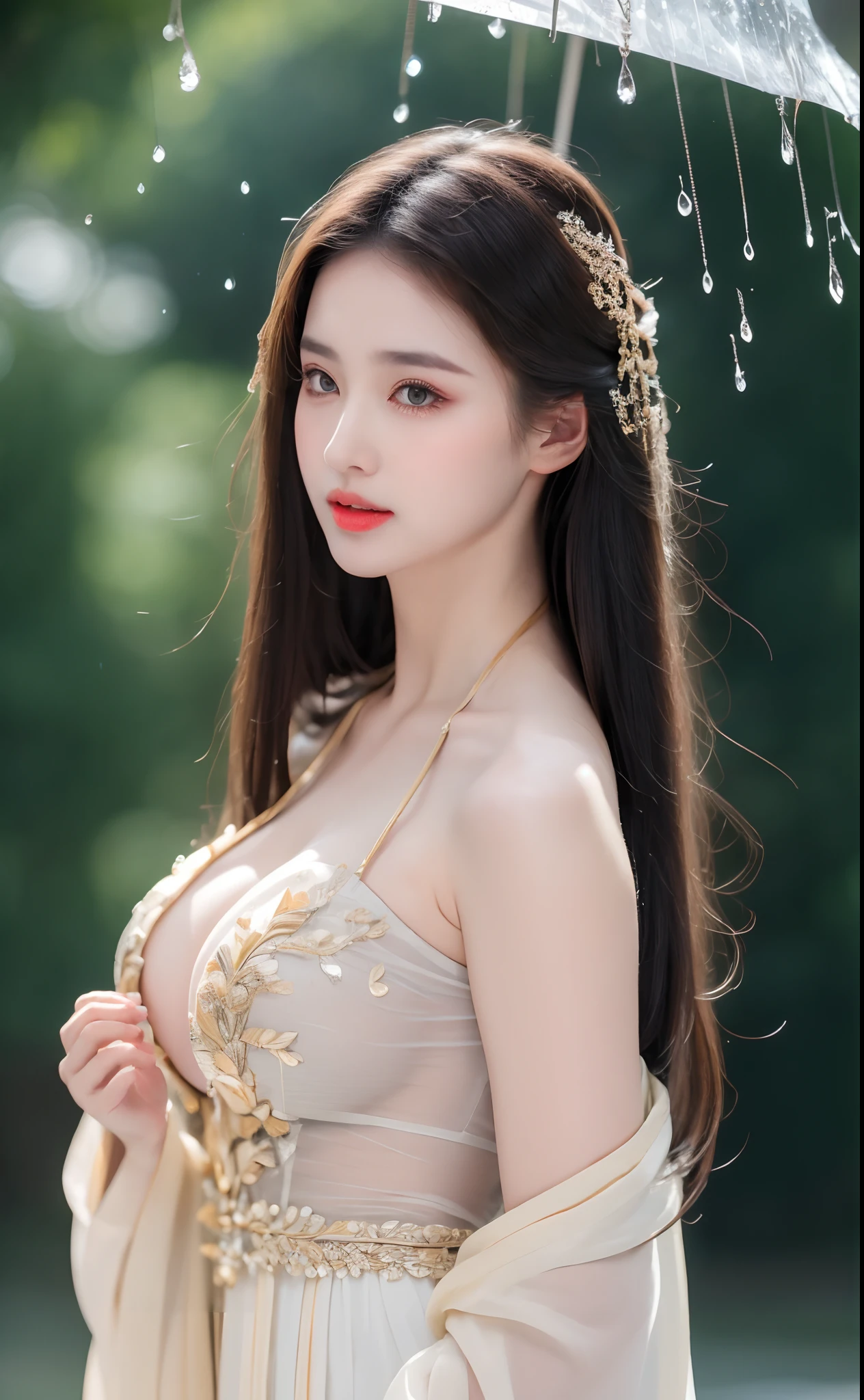 ((Best Quality, 8k, Masterpiece: 1.3)), Focus: 1.2, Perfect Body Beauty: 1.4, Buttocks: 1.2, ((Layered Haircut)), (Wet Clothes: 1.1), (Rain, Street:1.3), (Breasts: 1.2), (Hanfu: 1.2), Bare Shoulders, Bare Legs, Highly Detailed Face and Skin Texture, Fine Eyes, Double Eyelids, Whitened Skin, Long Hair, (Shut Up: 1.5), (Bokeh Background: 1.5), Big Breasts