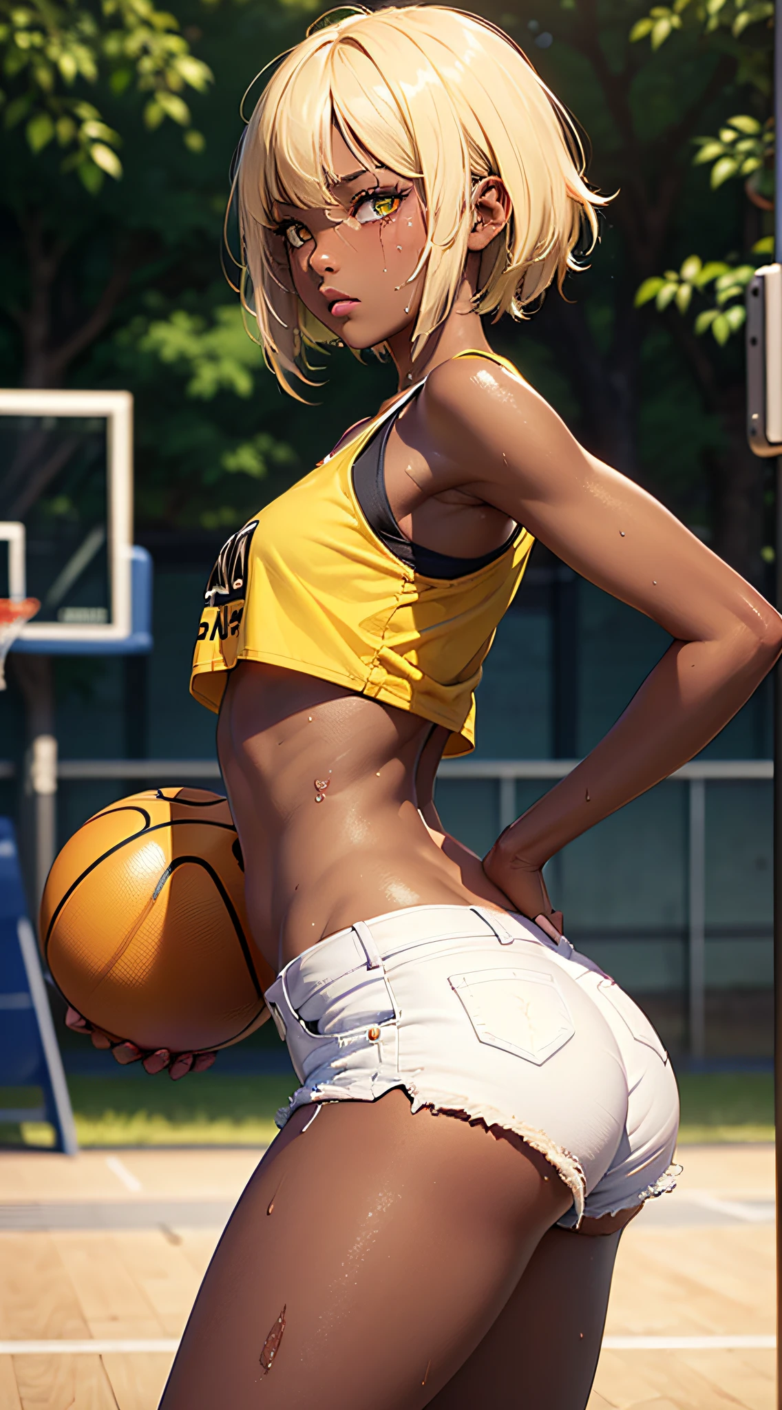 1girl, beautiful and extremely sexy, (big chest, small waist, big ass, perfect body, athletic body, (dark skin tone), (skin texture), (detailed skin)), ((body with scars and scratches)), (blonde hair), (light yellow eyes), sweaty, ((short ripped jean shorts, black top)), sneakers, street basketball court