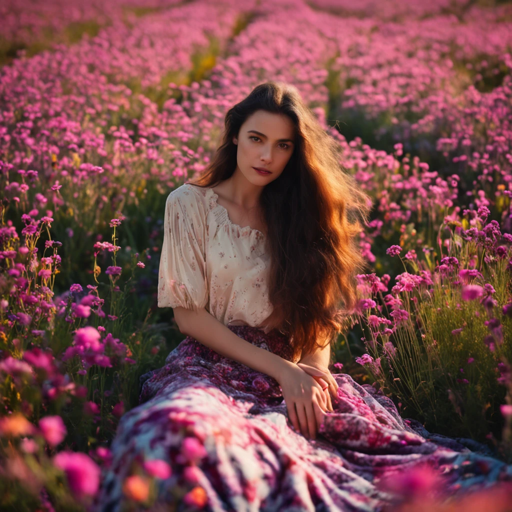 girl Long hair, long white skirt, floral blanket in a field of Lwender flowers, purple-pink tones, warm sun.