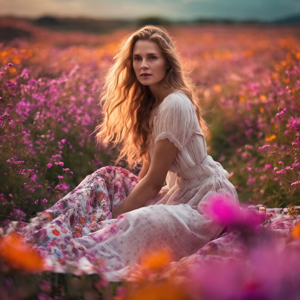 girl Long hair, long white skirt, floral blanket in a field of Lwender flowers, purple-pink tones, warm sun.