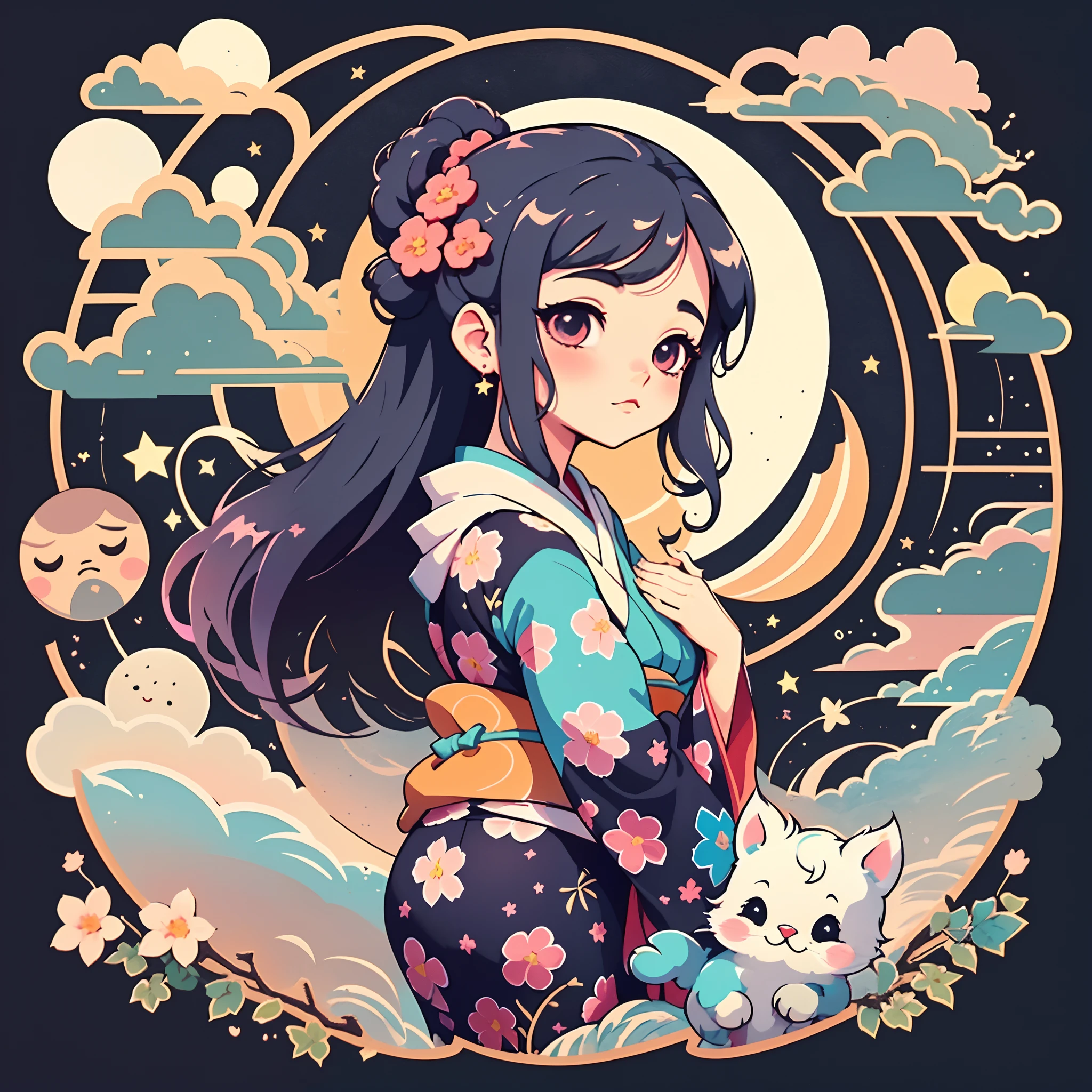 1 sticker, sticker, nikkaze, (cute girl), (gorgeous kimono), (gorgeous hair accessory), (Japanese traditional hairstyle), cherry blossoms, clouds, behind is a huge round moon, stars, white background, no background, simple background, minimal, cute, tiny, pastel color, vector style, no gradient