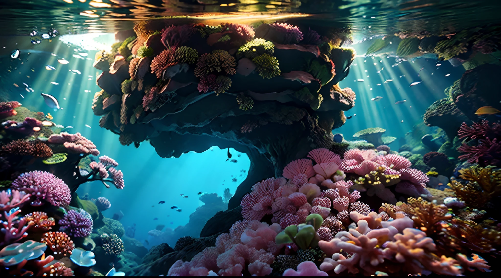 (Masterpiece, Best quality:1.2), (No Man, cliff, Under water, Perspective, From below:1.5), 8K, absurderes, Beautiful coral reef, rock formations, Lots of very small fish, Cute dolphins, light  leaks, Depth of field, Stunning scenery, color difference, Dynamic lighting, with dramatic lighting, hdr, Photorealistic, A high resolution, The ultra-detailliert, exquisitedetails, Extremely detailed, shadowy, Sharp focus