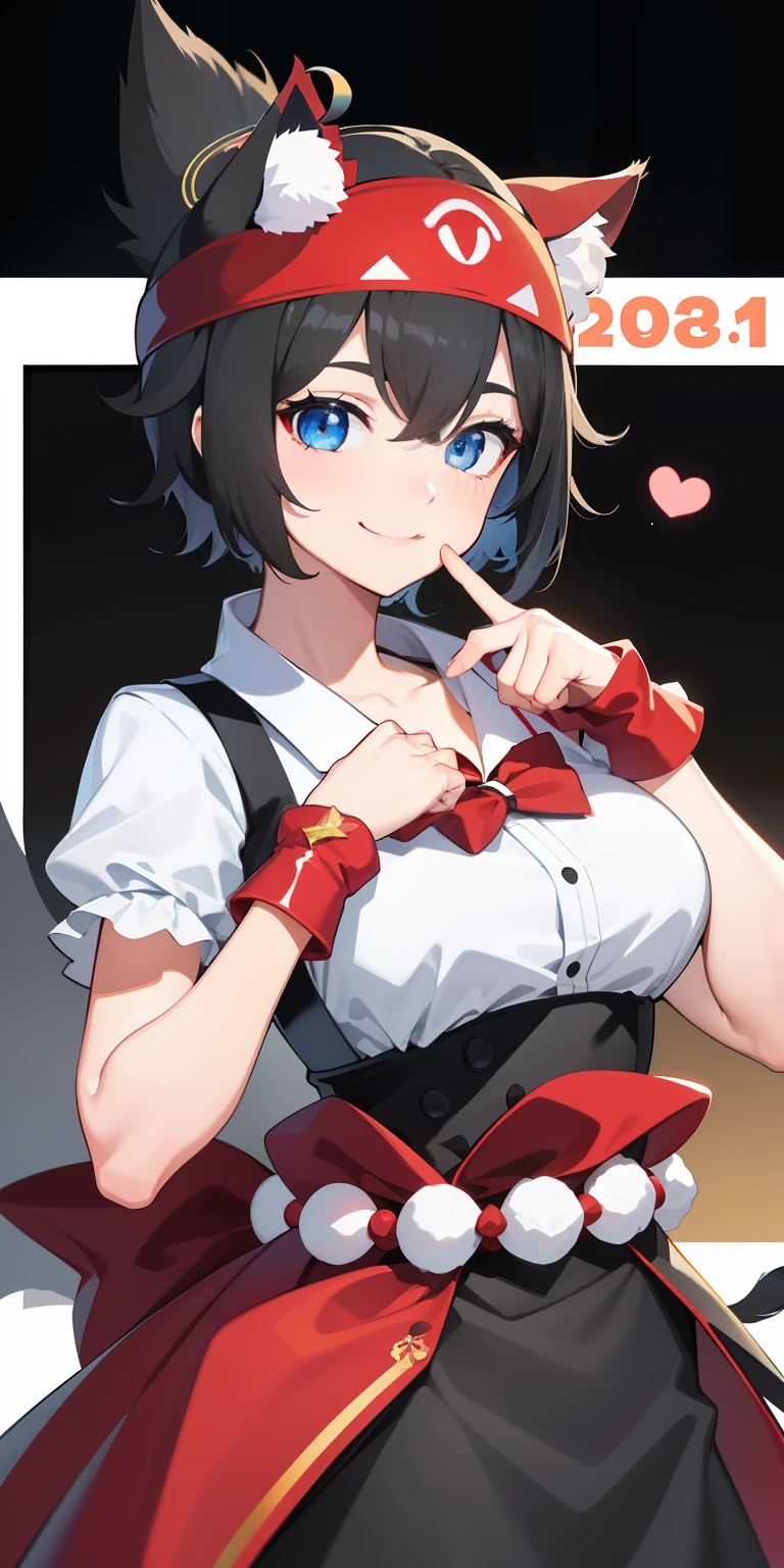 、((Best quality, High_Resolution, distinct_image)),(Black hair), (Black cat ears), (ahoge), (absurdly short hair), (Wavy hair), (Blue eyes),、A smile、