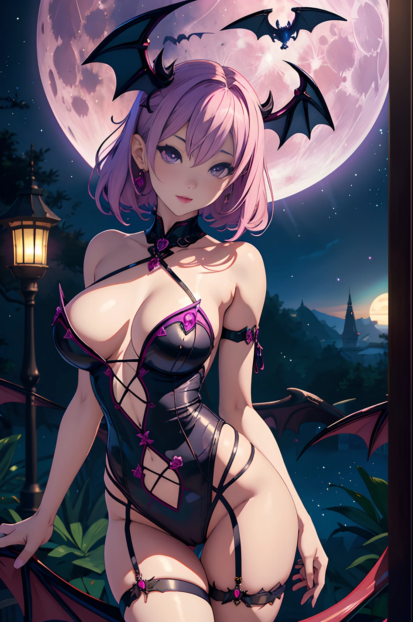 master-piece,hyper quality, hyper detailed,perfect drawing,CG,3D,8k,illustration、Hi-Res、Anime girl in purple lingerie with bat and full moon, a beautiful succubus, Seductive Anime Girl, anime monster girl, vampire girl, demon anime girl, succubus in tight short dress, Artorian Pendragon, beautiful vampire queen, Succubus, Monster Girl, beautiful alluring anime woman, flirty anime witch casting magic, Ecchi, mika kurai demon, monstergirl