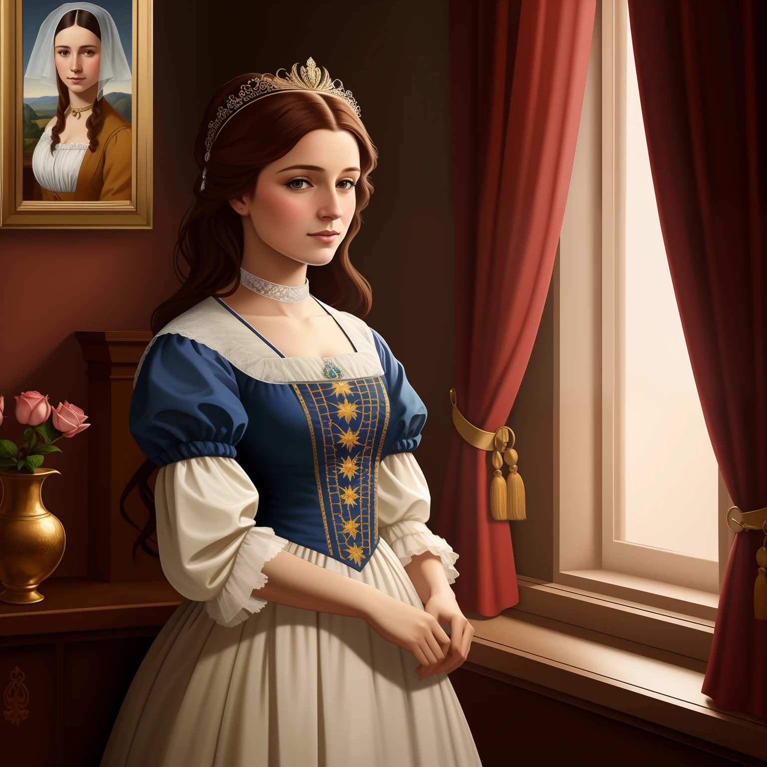 There is a painting of a woman in a dress standing next to a window, inspirado em Johann Friedrich Overbeck, inspirado em Francesco Hayez, pintura digital renascentista, pintura digital barroca, Pintura do retrato de uma princesa, inspirado em Johannes Helgeson, retrato da princesa, renderizado em corona, um retrato do personagem, official illustration, pintura de personagem bonita, Retrato da princesa