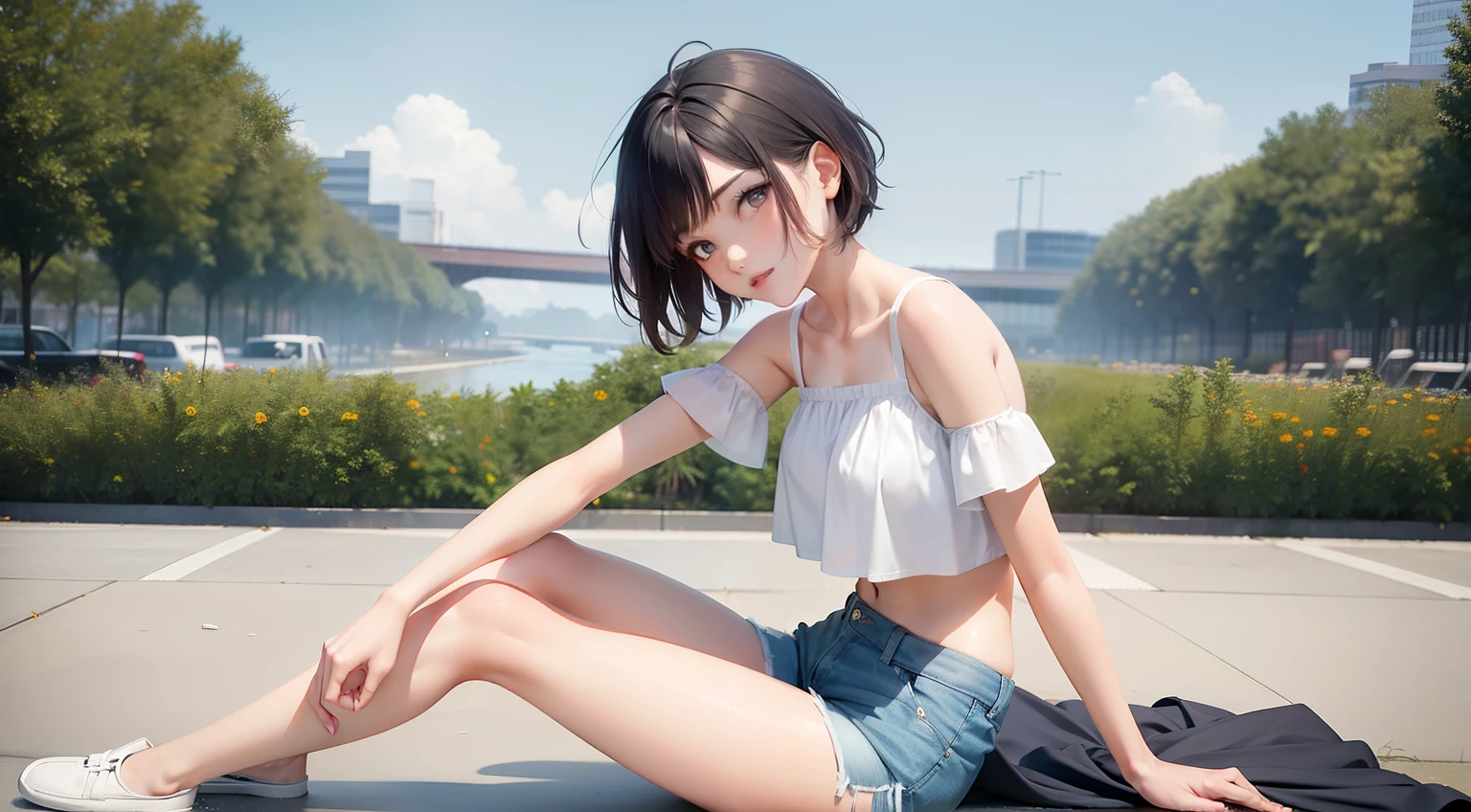 tmasterpiece,best qualtiy,1 girlirl,Short flowing black hair,Camelier top,White and delicate skin,Crop topping,Ultra shorts,Legs crossed,grassy fields