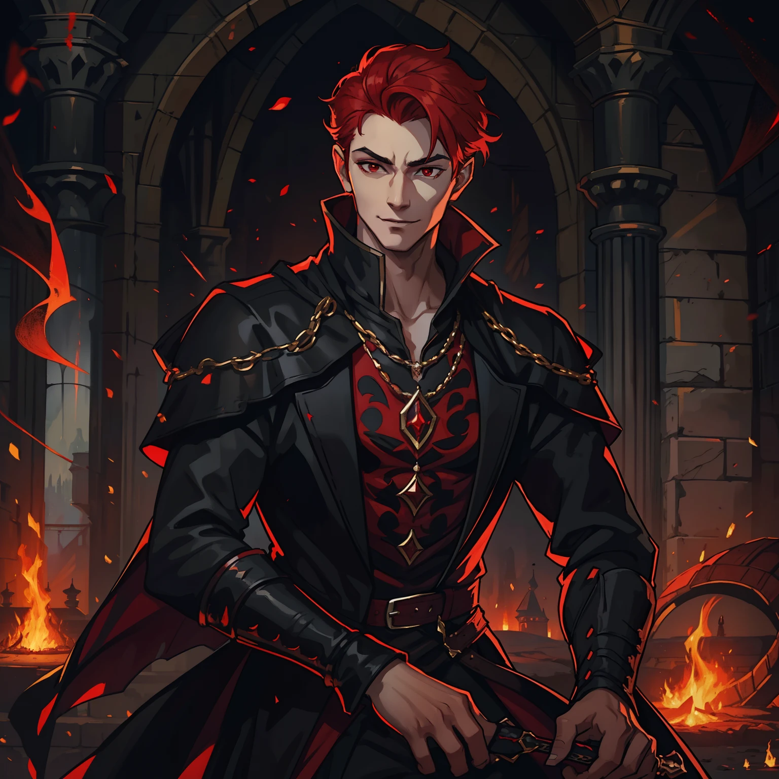 A handsome young man with short red hair and red eyes like a prince in a dark castle of black rocks dark colors he is wearing clothes of a dark and elegant prince as an attractive villain with a seductive smile and a sexy seductive look is the villain of an RPG is wearing dark medieval clothes Use dark shades The image has to portray the essence of a villain in dragon clothes the essence of fire it is inspired by volcanoes its dark essence through a medieval RPG art Conceptual Game Art rpg medieval art art illustration rpg he is young and beautiful a villain with an impressive beauty like that of a seductive vampire a villain smile with a kind look he is inside a castle in the middle of a medieval royal ball a royal ball a medieval party