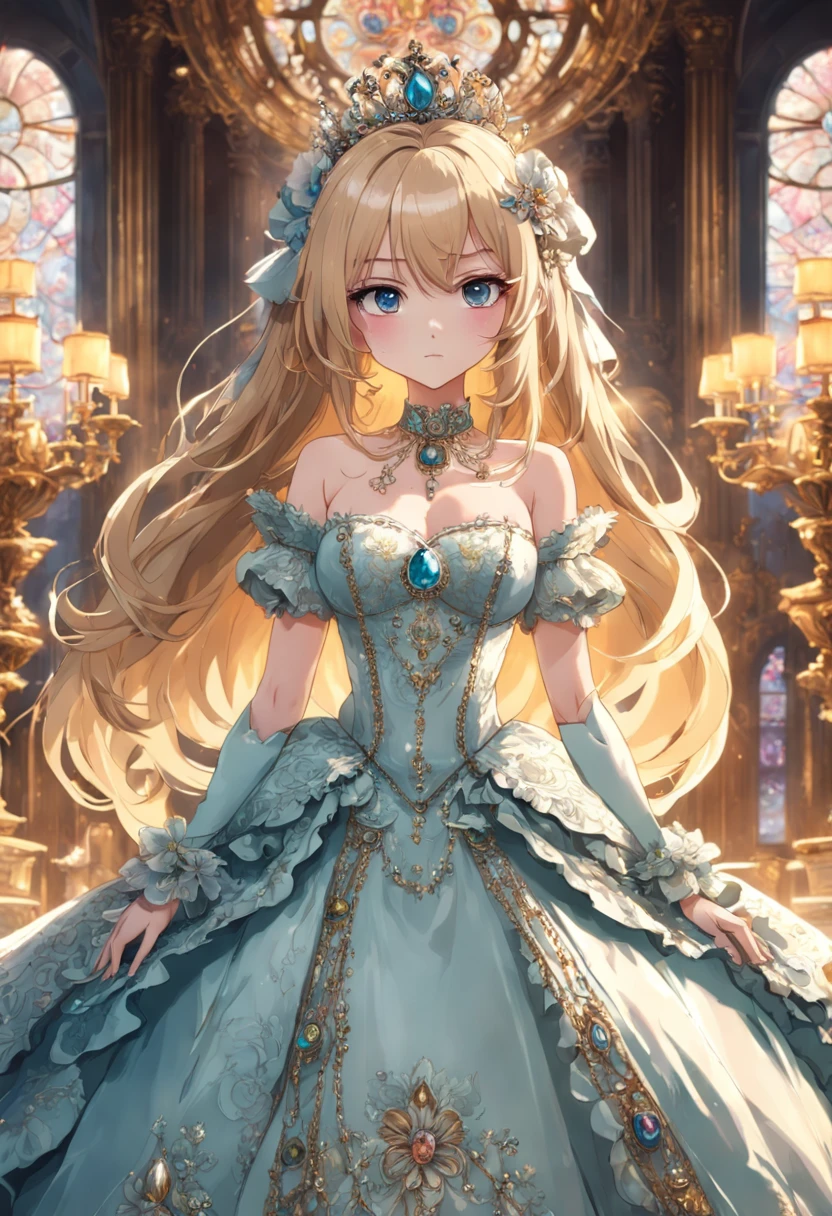 ((anime artstyle)),(Masterpiece),(Best Quality),(Super Detail),(Very Delicate and Beautiful),Solo,((full body,standing pose)),standing in the royal palace,((1 queen in jeweled gorgeous rococo ballgown with voluminous full length hoop skirt)),(crinoline),gorgeousfull embroidery,(gorgeous gemstone jewelry),(detailed face and eyes),jewel-like eyes,((large amount of straight hair,extremely Long voluminous Hair)),((gigantic tits,Long tits,skindentation)),gorgeousfull embroidery,cleavage,extremely gorgeousfull hair ornament,(bling-bling extremely gorgeousfull jeweled tiara),gorgeous corsage,(Dynamic Angle),Looking at viewer,((full body))