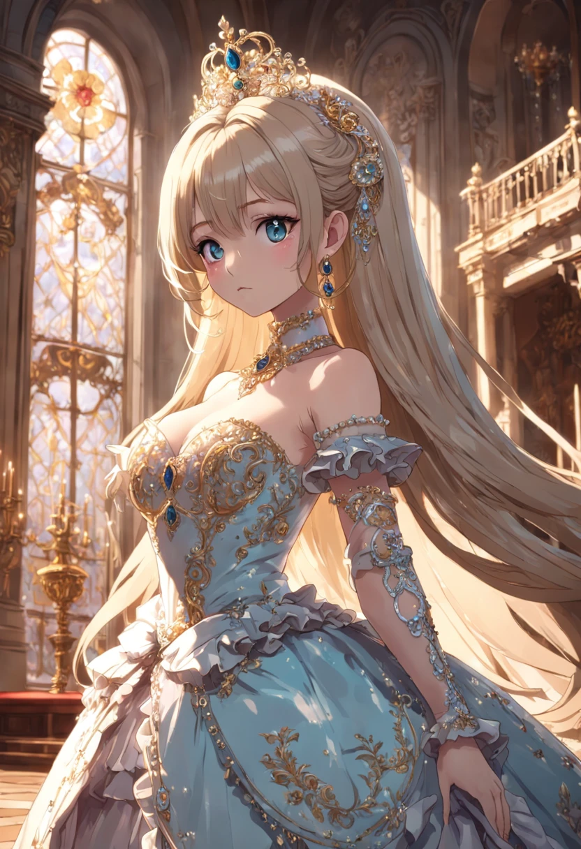 ((anime artstyle)),(Masterpiece),(Best Quality),(Super Detail),(Very Delicate and Beautiful),Solo,((full body,standing pose)),standing in the royal palace,((1 queen in jeweled gorgeous rococo ballgown with voluminous full length hoop skirt)),(crinoline),gorgeousfull embroidery,(gorgeous gemstone jewelry),(detailed face and eyes),jewel-like eyes,((large amount of straight hair,extremely Long voluminous Hair)),((gigantic tits,Long tits,skindentation)),gorgeousfull embroidery,cleavage,extremely gorgeousfull hair ornament,(bling-bling extremely gorgeousfull jeweled tiara),gorgeous corsage,(Dynamic Angle),Looking at viewer,((full body))