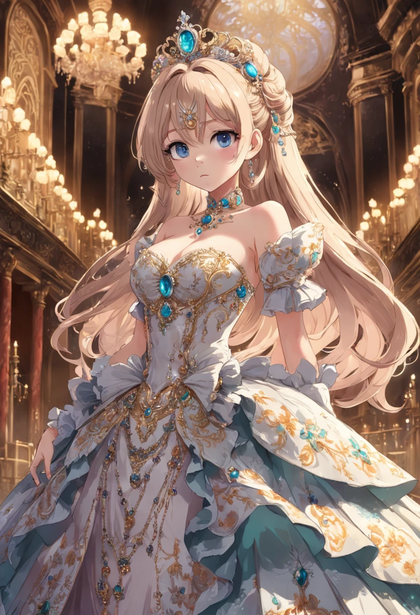 ((anime artstyle)),(Masterpiece),(Best Quality),(Super Detail),(Very Delicate and Beautiful),Solo,((full body,standing pose)),standing in the royal palace,((1 queen in jeweled gorgeous rococo ballgown with voluminous full length hoop skirt)),(crinoline),gorgeousfull embroidery,(gorgeous gemstone jewelry),(detailed face and eyes),jewel-like eyes,((large amount of straight hair,extremely Long voluminous Hair)),((gigantic tits,Long tits,skindentation)),gorgeousfull embroidery,cleavage,extremely gorgeousfull hair ornament,(bling-bling extremely gorgeousfull jeweled tiara),gorgeous corsage,(Dynamic Angle),Looking at viewer,((full body))