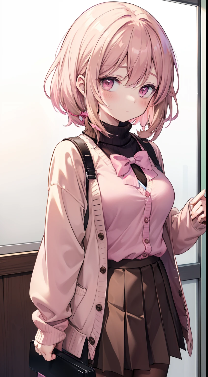 alone, 1girl, matured female, MILF, Takeba Yukari, Person 3, (light brown head:1.3), turtleneck shirt, (pink cardigan:1.3), long-sleeved cardigan, closed cardigan, black skirt, pleated mini-kirt, red tie, red bow tie, cynical look