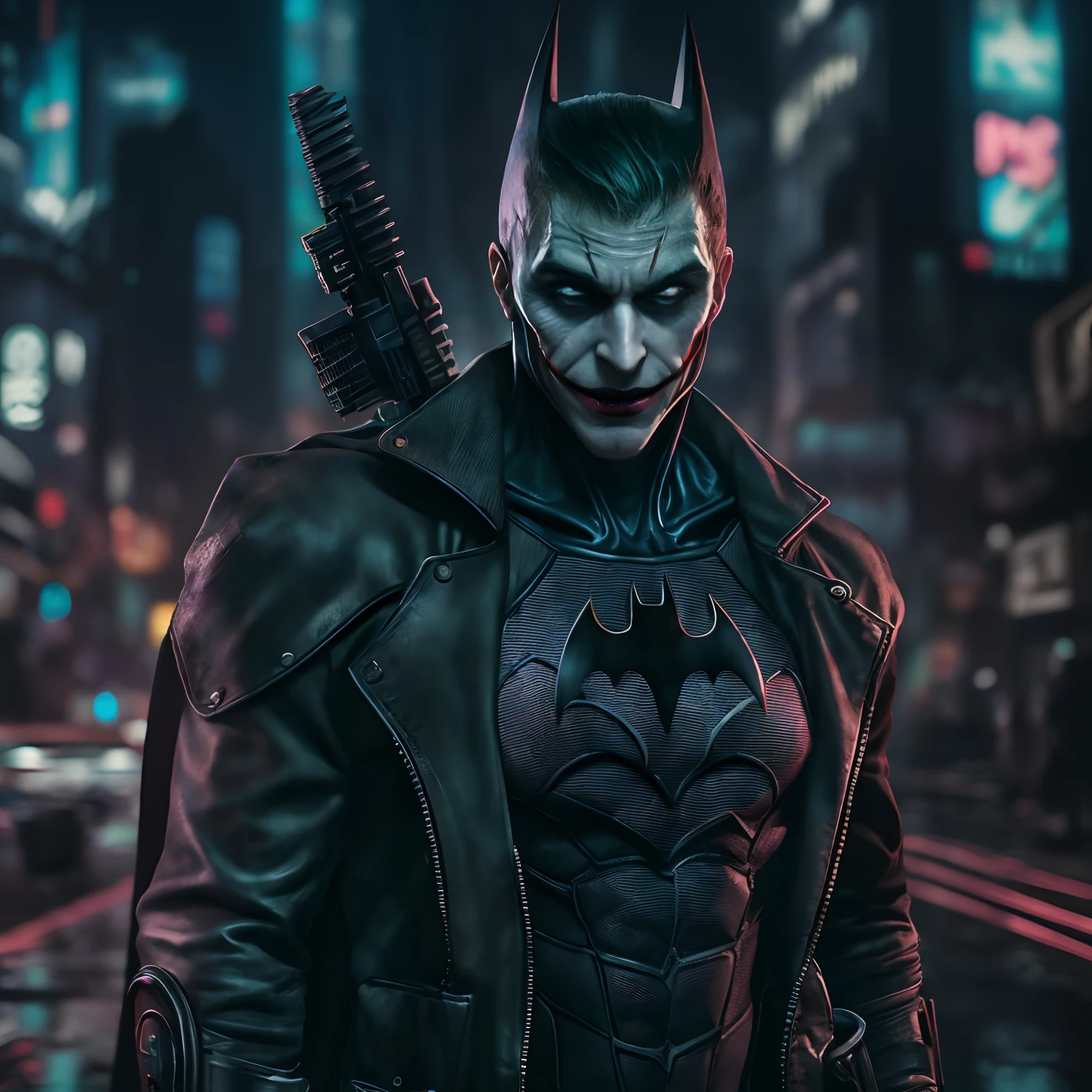 Batman and The Joker combined as one character, (top-quality、8K、32K、masterpiece、)、(The ultra -The high-definition)、(Photorealsitic:1.4)、Raw photography,Perfect eyes,Charming perfect figure,actionpose:1.2,Detailed cyberpunk fashion、World of Cyberpunk,depth of fields,blurry backround,、