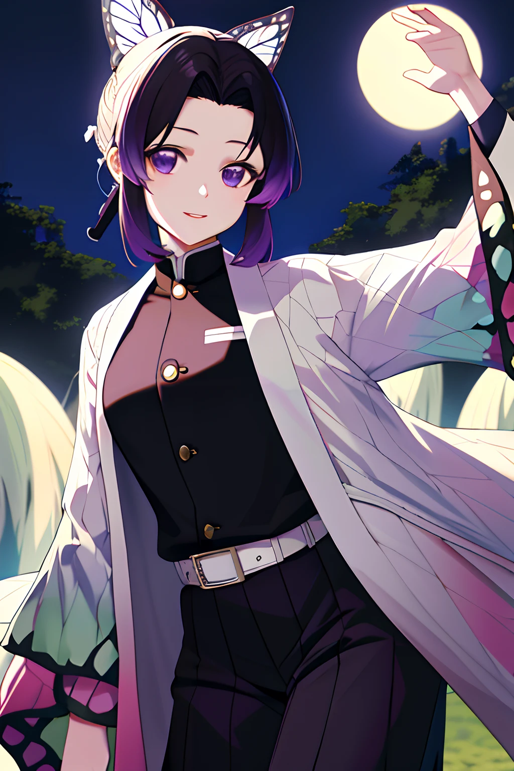 Master parts, best qualityer, highr, 1girll, in bamboo forest，In the background is a huge bright moon, Kochou Shinobu, Butterfly hair ornaments, Purple eyes, multicolored hair, Short hair, Separate strip, haori, longer sleeves, Black pantsuit, Black jacket, belt, Cowboy shot，The character faces the camera，Frontal photo，Wearing sunglasses