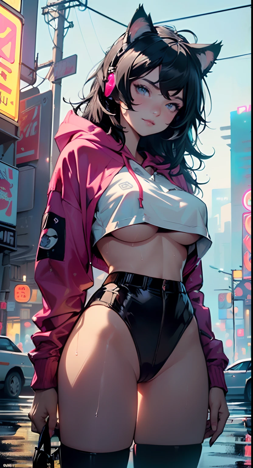 girl spacepunk,(((1girl))),((girl with extremely cute and beautiful black hair cat ears)),
(large breasts:1.4),saggy breasts,((((black hair,black messy hair,colored inner hair,large hair,absurdly long unkempt hair:1.35,long black hair,ear breathing)))),((((cat ears,cat ears on head,big cat ears, glowing cat ears:1.5)))),(((magenta eyes:1.3,upturned eyes:1.3,perfect eyes,beautiful detailed eyes,finely detailed beautiful eyes:1,symmetrical eyes:1))),((fat)),(((lustrous skin:1.5,bright skin: 1.5,skin tanned,shiny skin,very shiny skin,shiny body,plastic glitter skin,exaggerated shiny skin, illuminated skin, wet legs))),(spider lower abdomen,narrow waist,wide hip,athletic body,inflated legs,delicate detailed fingers,detailed body,human hands,(detailed face)),
cute,slutty,seductive,erotic,(((nsfw))),
zettai ryouiki,revealing clothing,show skin,((((underboob)))),(cleavage),(semi-naked,with little clothing,((tiny thong)),bare legs,visible thong straps),((((crop top hoodie,cropped hoodie,hoodie,hoodie intricate)))),((wet clothes,detailed outfit,detailed clothes)),
(dynamic pose:1.0),solo focus,embarrassed,centered,scale to fit dimensions,Rule of thirds,
((((cyberpunk city by the ocean,huge buildings,neon signs,puddles)))),stormy sky,threatening sky,dark clouds,((synthwave background theme,detailed background : 1.25)),((((night,nice lighting decorations,detailed architecture)))),
(best quality,high resolution,sharp focus,ultra detailed,extremely detailed,extremely high quality artwork,(realistic,photorealistic:1.37),8k_wallpaper,(extremely detailed CG 8k),(very fine 8K CG),((hyper super ultra detailed perfect piece)),flawless,(((masterpiece))),illustration,vibrant colors,(intricate),High contrast,Selective lighting,Double exposure,HDR (High Dynamic Range),Post-processing,Background blur,
