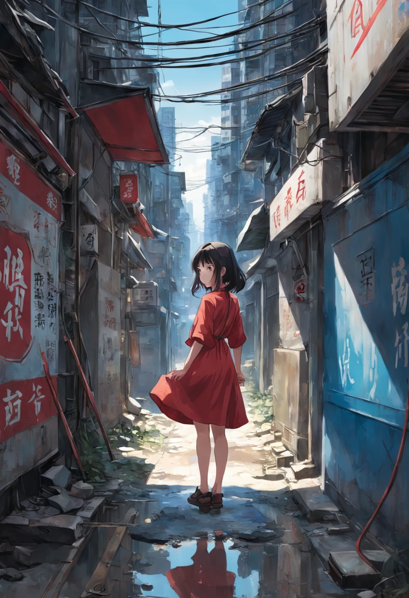 Kowloon City、Back alley、(Wet ground)、((Delicate depiction))、pipes、duct、electric wires、signboard、plein air,  blue open sky, shorth hair, One girl in a red dress、((a beauty girl))、天空, looking at the viewers, Moody lighting,