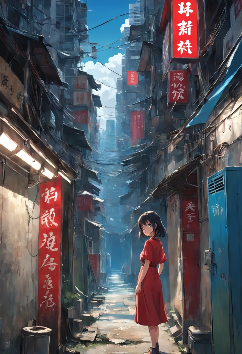 Kowloon City、Back alley、(Wet ground)、((Delicate depiction))、pipes、duct、electric wires、signboard、plein air,  blue open sky, shorth hair, One girl in a red dress、((a beauty girl))、天空, looking at the viewers, Moody lighting,